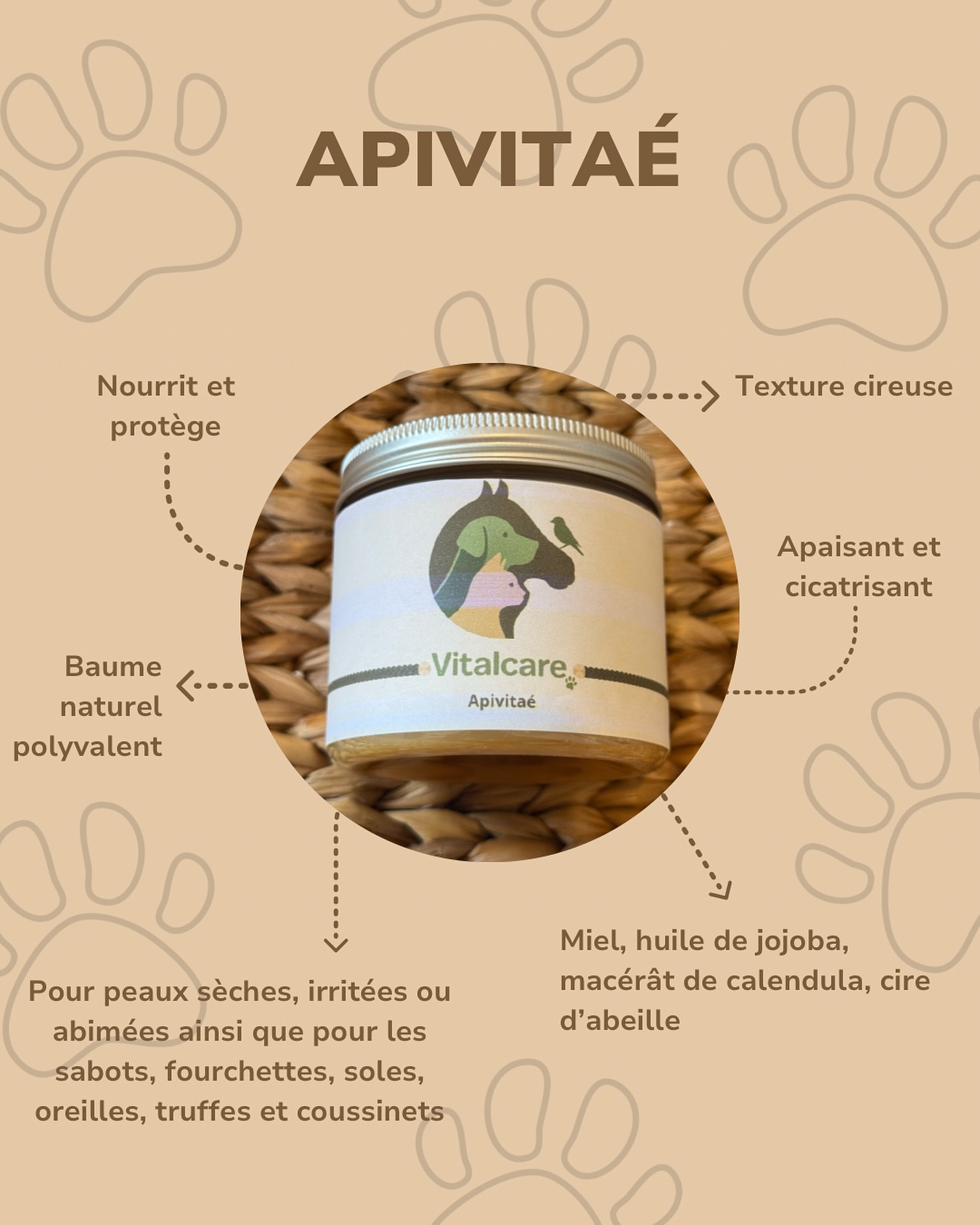 Apivitaé, le baume tout-en-un qui prend soin de vos compagnons 🐾
Naturel et polyvalent, il nourrit, protège et répare les peaux sèches, irritées ou abîmées — mais aussi les coussinets, sabots, truffes, cornes et oreilles.
💛 Enrichi en miel antibactérien, cire d’abeille et huiles végétales, il apaise, favorise la cicatrisation et hydrate durablement, sans laisser de fini gras.
Un essentiel du quotidien pour une peau douce, apaisée et protégée.
Un seul soin, des dizaines d’usages ✨
#soinnaturel #madeinfrance #animauxheureux #apivitaé #coussinets #truffe #sabot #pattes #corne #soinnaturelanimaux