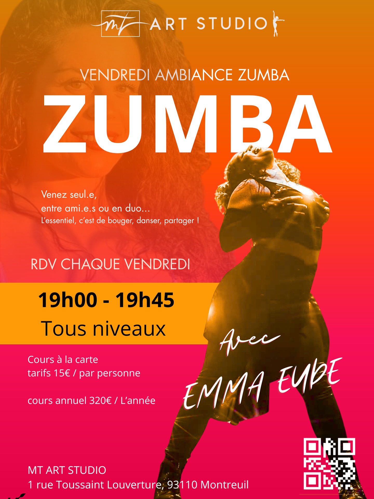 🔥 NOUVEAU COURS À MT ART STUDIO ! 🔥
On bouge, on transpire, on s’éclate : la Zumba débarque à Montreuil ! 🎉💃✨
Dès vendredi 21, retrouvez notre nouveau cours chaque vendredi :
➡️ ZUMBA • 19h à 19h45
Avec : @la_eude 💃
⸻
De quoi démarrer votre week-end avec une bonne dose d’énergie et de bonne humeur !
Que vous soyez débutant(e) ou confirmé(e), venez vous défouler dans une ambiance ultra bienveillante et motivante ❤️
🌟 Au programme :
➡️ Bonne humeur assurée
➡️ Cardio accessible à tous
➡️ Chorés fun & faciles à suivre
➡️ Lâcher-prise garanti 🔥
💸 Tarifs :
• Cours à l’unité : 15€
• Abonnement annuel : 320€
Réservez vite votre place sur notre site… et venez mettre le feu au studio ! 🔥🔥🔥
⸻
#zumba #montreuil #mtartstudio #danse93 #dansemontreuil #coursdedanse #zumbatime #zumbaparty #sportfun #bougerpourleplaisir #studiodedanse #nouveaute #danserensemble #weekendvibes