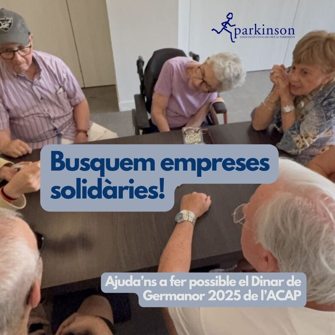 Des de l’Associació Catalana per al Parkinson estem preparant el nostre dinar de germanor, que se celebrarà el 20 de desembre de 2025 a l’Hotel Hilton Barcelona.
Per fer d’aquesta trobada una jornada especial per a les més de 180 persones afectades, familiars i professionals que hi participaran, organitzem un sorteig solidari gràcies a la col·laboració d’empreses compromeses com la vostra.
Si coneixeu alguna empresa o entitat que vulgui col·laborar aportant productes, serveis o descomptes, us convidem a contactar amb l’ACAP.
Totes les aportacions compten. A més, les empreses col·laboradores apareixeran a la nostra web i xarxes socials. Recordeu que l’ACAP està declarada d’utilitat pública, fet que permet desgravar el valor de les donacions.
Escriviu-nos o etiqueteu aquella empresa que creieu que voldria sumar-se a aquesta iniciativa.
Junts mirem cap al futur💙
#ACAP #ParkinsonCatalunya #Solidaritat #DinarDeGermanor #EmpresesSolidàries #JuntsPelParkinson #AssociacióCatalanaParkinson #SorteigSolidari #juntsmiremcapalfutur