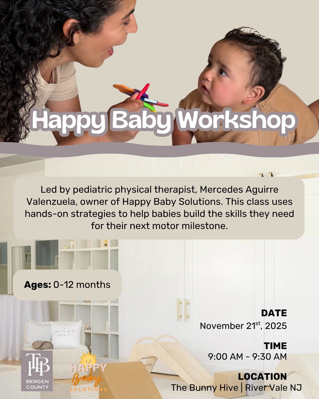 Help Your Baby Reach Their Next Motor Milestone!
☀️Led by pediatric physical therapist, Dr. Mercedes Aguirre Valenzuela, owner of Happy Baby Solutions. This class uses hands-on strategies to help babies build the skills they need for their next motor milestone. By the end of the class, parents will have exercises they can do with their baby at home to help them be able to roll, sit, crawl, and walk!
👶🏻 Ages: 0-12 months
🤍Drop-in rate is $15 for members and $39 for non-members
🔗Register by using the link in bio
#baby #newmom #motherhood #physicaltherapy #milestones