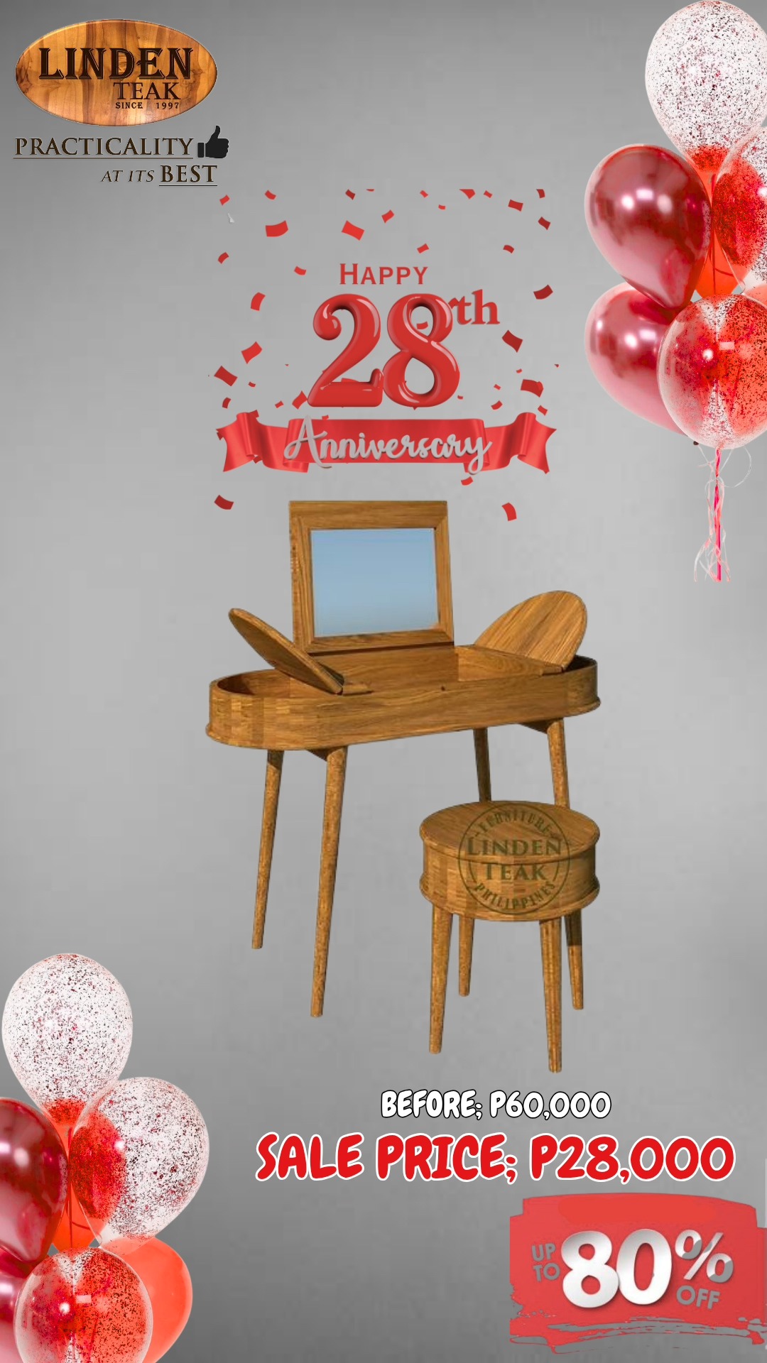 🎉 Celebrating Our 28th Anniversary!
This month only, enjoy up to 80%OFF on select items—our biggest savings of the year! Plus, get 0% interest for up to 12 months on selected purchases.
🪑 We also offer free design consultations and 3D drawings for customized furniture, along with free delivery in select areas.
📍 Visit our stores to explore over 500 actual ITEMS on display, or browse online at www.lindenteakfurniture.com.
