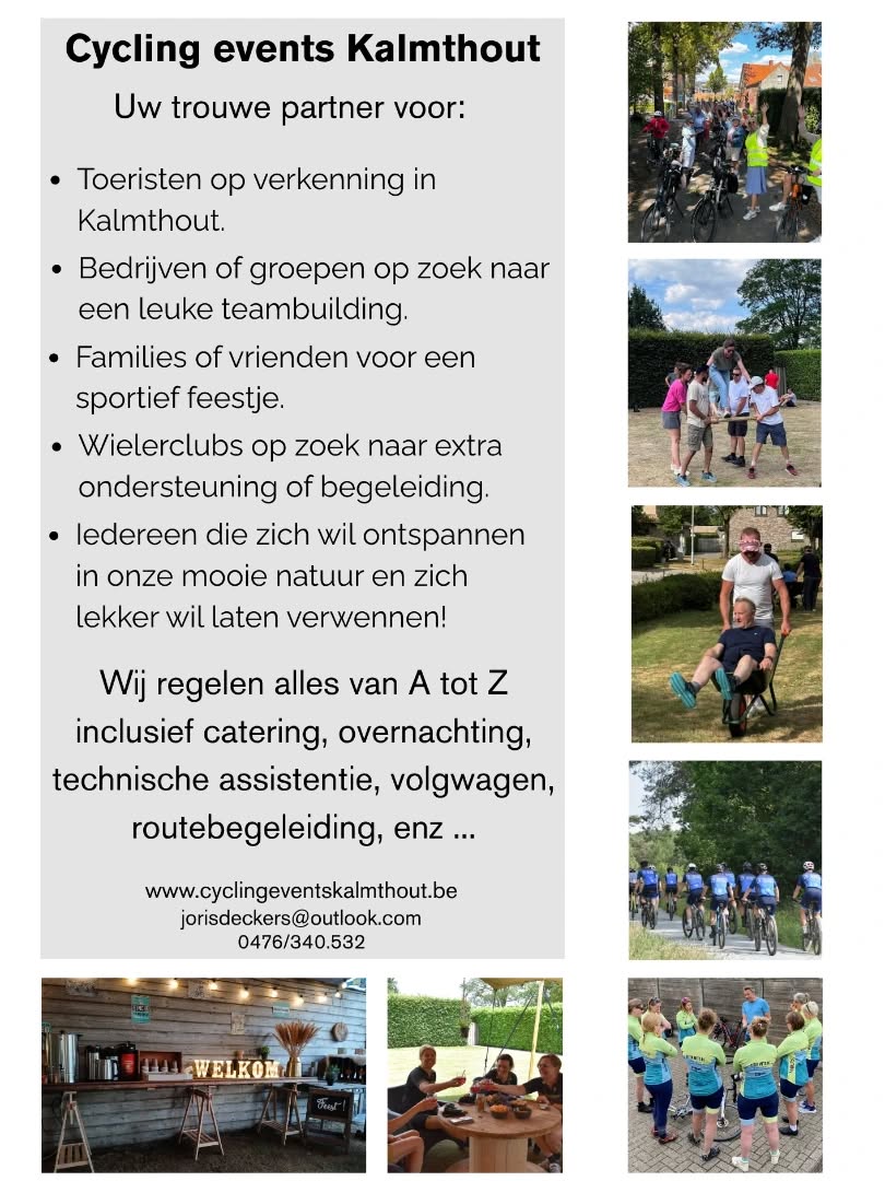 www.cyclingeventskalmthout.be
Tot uw dienst 🙏
#cyclingeventskalmthout
#cyclingevents
#cycling
#teambuilding
#bikefun