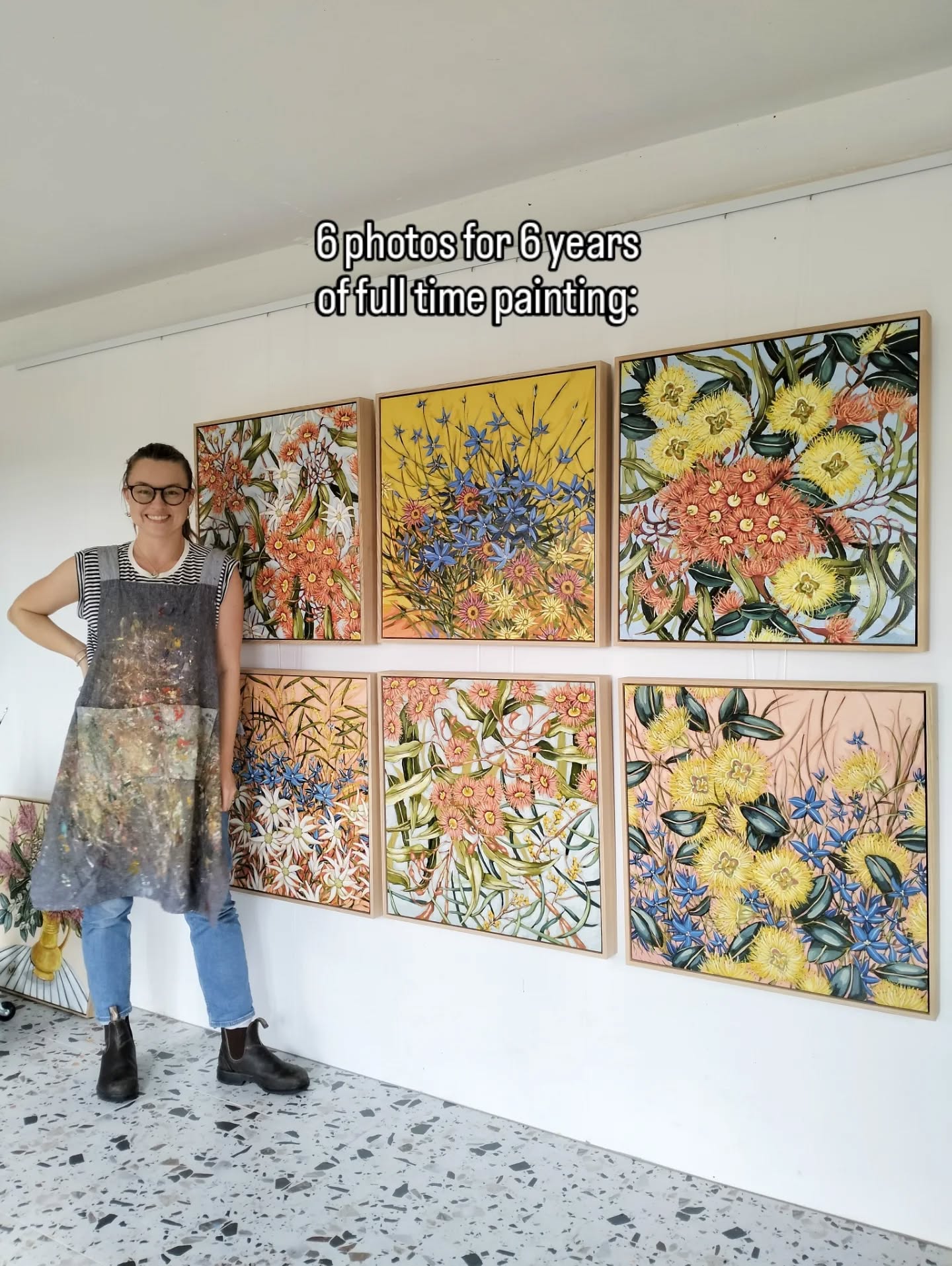 6 photos for 6 years of me painting full time (plus a little bonus photo at the end)
It was hard to narrow down these photos, but here is a little run down of how the last 6 years has progressed for this little business of mine.
Every year around this time I get very sentimental about this art journey and so very grateful to you all that I'm still here painting every day, doing what I love.
Tired little me in the 2020 picture would be SO proud of my studio space and practice today ✨