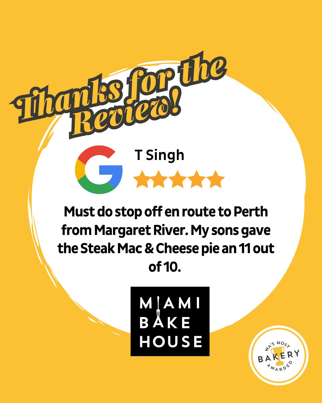 Thank you for your lovely review T Singh! We are happy to hear your sons enjoyed our Steak Mac & Cheese pie.
You can share your thoughts too! Let our friendly team know how you found your experience with us through the link in our bio and enter our monthly draw to win a $100 Miami Bakehouse Gift Voucher.
