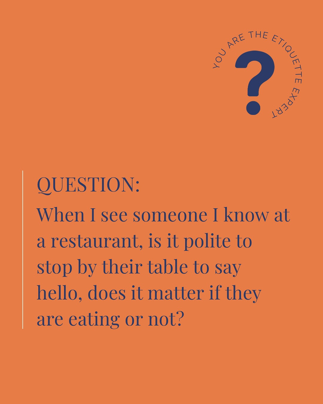 If youâre out at a restaurant and see someone you know, what do you do?
Do you walk over and say hello or keep your head down and stay in your seat?
Swipe left to see my take, but Iâd love to hear what you would do first.
#DiningEtiquette #ThePoliteCompany #EtiquetteTips