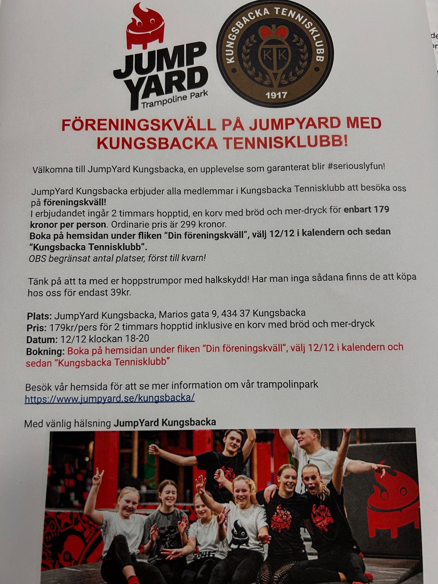 Föreningskväll hos vår partner @jumpyardkungsbacka den 12/12! 🥳 Varmt välkomna! ✌️🎾
https://jumpyard.se/kungsbacka/kalas/