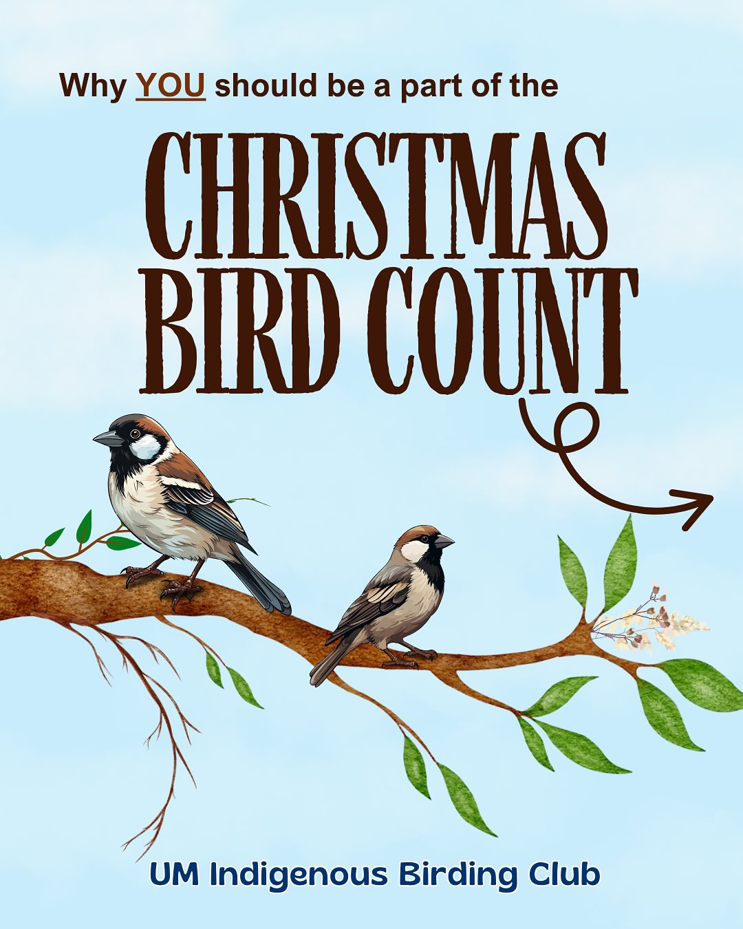 Join the Christmas Bird Count with the UM Indigenous Birding Club!
Join us on Sunday, December 14, 2025, from 8 am to 4 pm (various shifts are available) for the Christmas Bird Count at the University of Manitoba-an exciting opportunity to connect with nature, meet new friends, and make a real impact on bird conservation!
The Christmas Bird Count is longest-running citizen science project in the world! What started as an alternative to traditional holiday hunting has become a powerful tool for understanding bird populations and tracking their changes over time. By participating, you’ll contribute to a legacy of bird conservation across Turtle Island.
We’ll be counting birds on campus and at King’s Park, so participants should be prepared for some walking.
Please note that the survey involves covering quite a bit of ground, and accessibility needs can be accommodated-reach out to us in advance so we can ensure everyone can take part.
This event is open to all UM students, staff, faculty, and alumni, regardless of your birding experience. Whether you’re a seasoned birder or a first-time birder, you’re welcome here!
Lunch, coffee, and some awesome incentives are included for those who join multiple shifts!
RSVP to join! Link in our linktree.