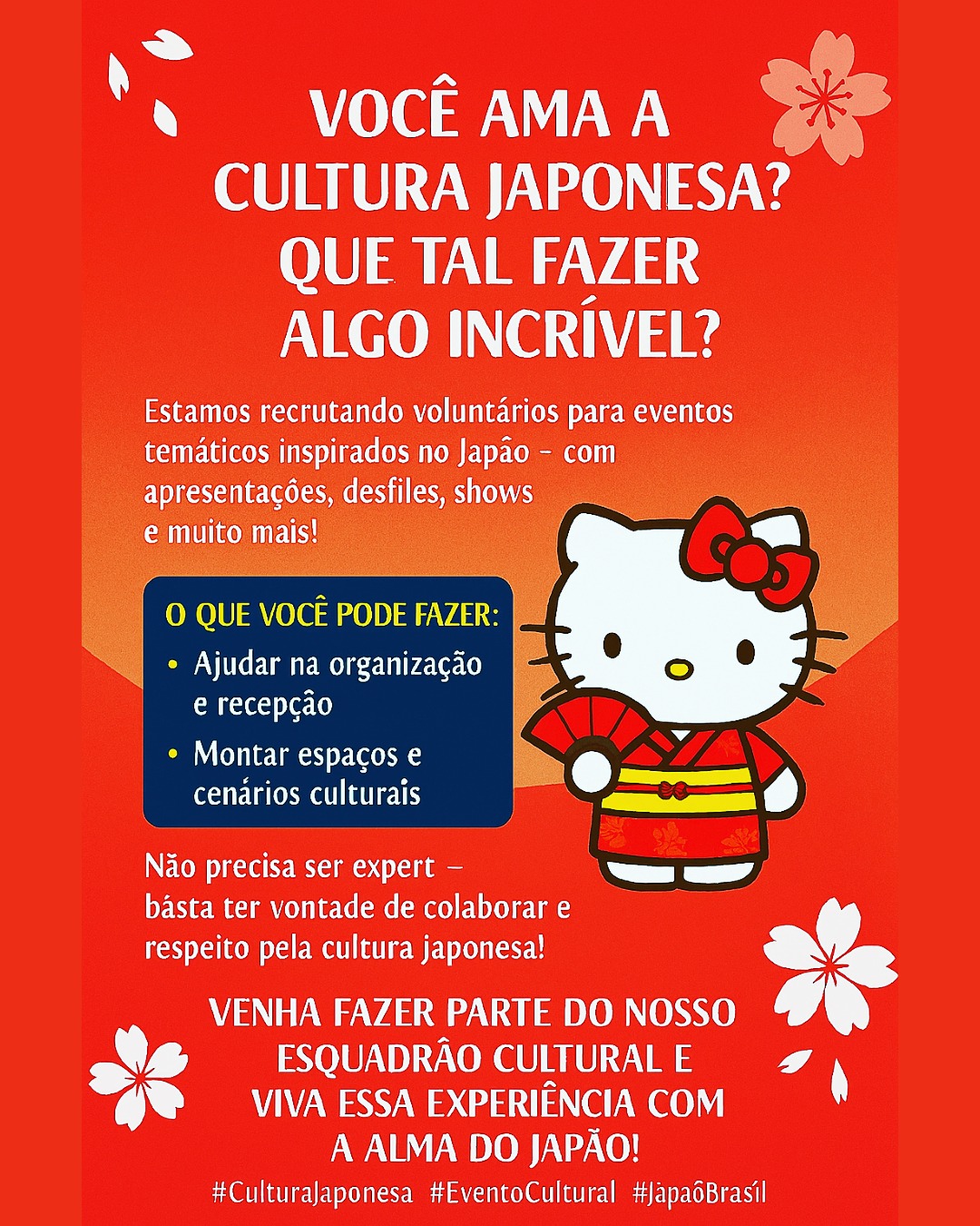 ✨🌸 VOCÊ AMA A CULTURA JAPONESA? 🌸✨
Então chegou a sua chance de viver uma experiência única! 🎎🇯🇵
Estamos recrutando voluntários para eventos temáticos incríveis, cheios de desfiles, apresentações e muita energia cultural! 🎶🎉
💡 O que você pode fazer:
• Ajudar na organização e recepção
• Montar espaços e cenários culturais
Não precisa ser especialista – só ter vontade de colaborar e respeito pela cultura japonesa. ❤️
👉 Venha fazer parte do nosso Esquadrão Cultural e mergulhe na alma do Japão! É só preencher o link que está na Bio!
📌 Inscreva-se e viva essa jornada inesquecível!
#CulturaJaponesa #EventoCultural #JapãoBrasil #Voluntariado #ExperiênciaÚnica #Japan #Brazil #Japão #Brasil #Eventos #Desfiles #Cultura #Shows #Voluntários #Esquadrão