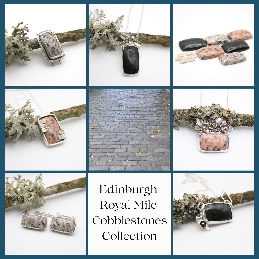 My latest collection is now available so I thought I would spend this week sharing the various pieces with you.
It's the stones in these pieces that make the collection special as they used to be part of Edinburgh's Royal Mile. The Royal Mile is the famous street that runs from Edinburgh Castle down to Holyrood Palace and is probably ones of the most photographed streets in Edinburgh. Recently the pavement was widened and the cobblestones lifted and relaid. The left over cobblestones were then cut up into these miniature cobblestones and polished to show the beautiful markings. Can you imagine the history that these stones have seen?
It's a small batch collection and the pieces would make wonderful gifts for someone that loves history and Edinburgh or enjoys wearing jewellery with a story.