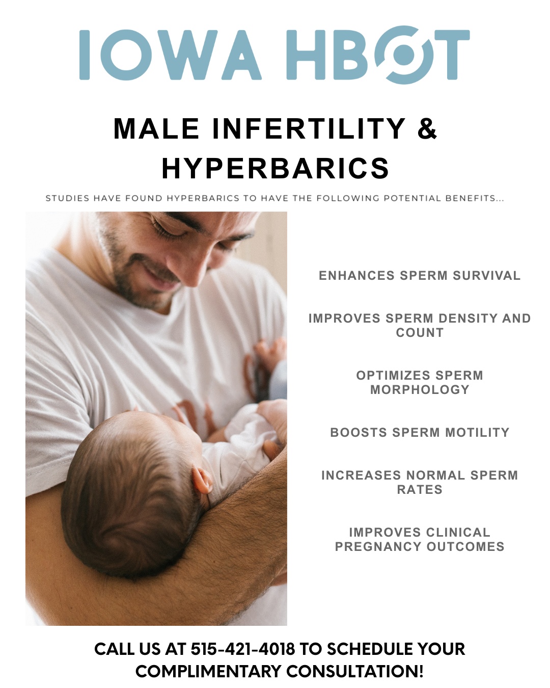 Check out our new blog on Male Infertility & Hyperbarics! https://www.iowahbot.com/post/hbot-and-male-infertility-new-hope-for-improving-sperm-and-fertility
Studies have shown that Hyperbaric Oxygen Therapy (HBOT) may support male fertility by improving overall sperm health and function, including:
- Enhanced sperm survival
- Improved sperm density and count
- Optimized sperm morphology
- Boosted sperm motility
- Increased normal sperm rates
- Improved clinical pregnancy outcomes
Call us at 515-421-4018 to schedule your complimentary consultation and learn how HBOT may help support your fertility journey.
#IowaHBOT #HyperbaricOxygenTherapy #MaleInfertility #FertilitySupport #SpermHealth #HBOT #FertilityJourney #MensHealth #OxygenTherapy #WellnessClinic