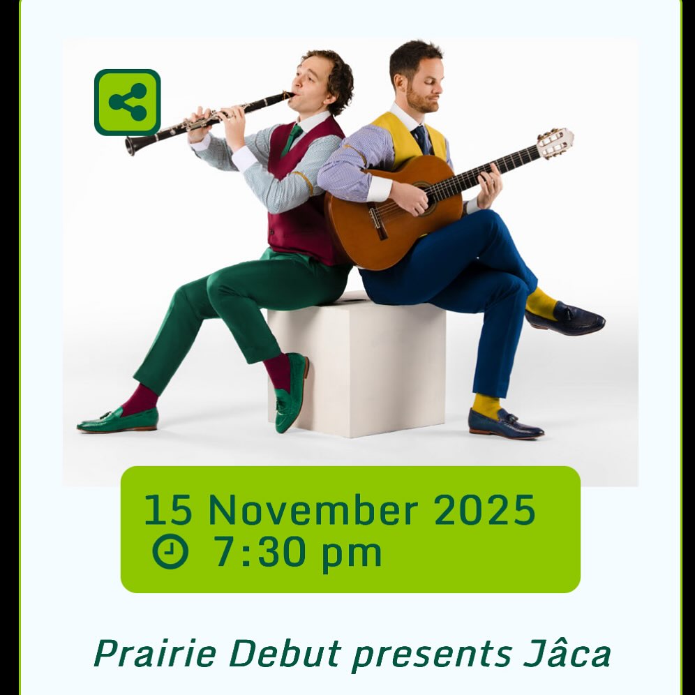 Swift Current, we’re here!
Tonight we take the stage at the Living Sky Casino Event Centre (@livingskycasino) and we’re excited to play in a community with such a rich history.
@swiftcurrent Swift Current’s name comes from the Cree phrase “kisiskâciwan,” meaning “it flows swiftly,” a nod to the creek that has shaped life here for generations, from Indigenous nations who traveled this land to the early traders and settlers who followed the Swift Current/Battleford Trail.
We’re honoured to add our music to the story of this place.
Acknowledgments:
1) Swift Current Arts Council
2) Organization of Saskatchewan Arts Councils @osacsask
3) Canada Council for the Arts @canada.council
4) TD
5) Prairie Debut @prairiedebut
Living Sky Casino – Event Centre
Tonight
Showtime: 7:30pm
See you under the living skies. 🌾✨
#JacaMusic #SwiftCurrent #LivingSkyCasino #EventCentre #OnTour #prairedebut #jacaclarinetandguitar