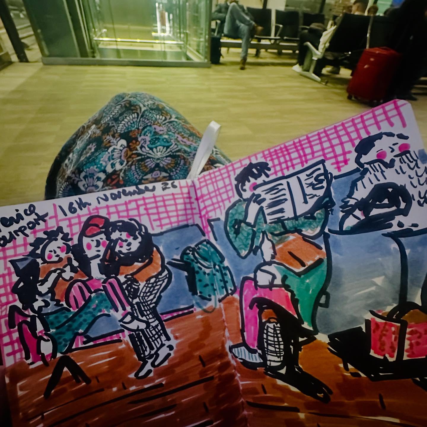 Drawing at the airport whilst waiting for my plane home after a lovely weekend in Venice with my best friend (of 32 years and counting!) Carried my sketchbook and pens around all weekend but was so busy catching up chatting and eating and looking at pretty things that this is the only sketching I’ve managed!
The family octopus that I was attempting to draw unfortunately moved so I couldn’t snap them in the background, it was very cute with the family all snuggled in together with a mixture of legs and arms all wrapped around each other but rather a challenge to draw! 😂
#urbansketch #walktosee #goodshipillo #urbansketcher #italysketchbook #venicesketch #veniceairport #draweveryday #travelsketch #travelsketchbook #travelsketching #travelsketcher