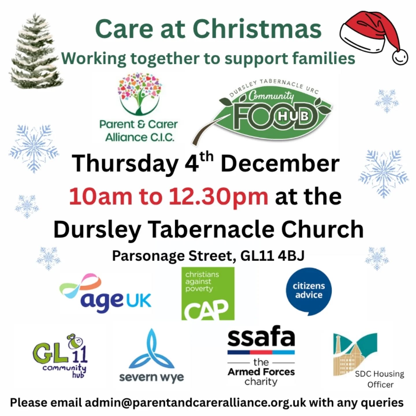 Care at Christmas 2025
Come along and join us 🎄
Parent and Carer Alliance are working together with Dursley Tabernacle Community Food on a Christmas project for Parent carers.
We will be providing free toys, toiletries and food to families.
There will be staff from support groups to offer advice and support , over a warm drink and delicious cakes 🧁☕
#strongertogether
#parentcarers
