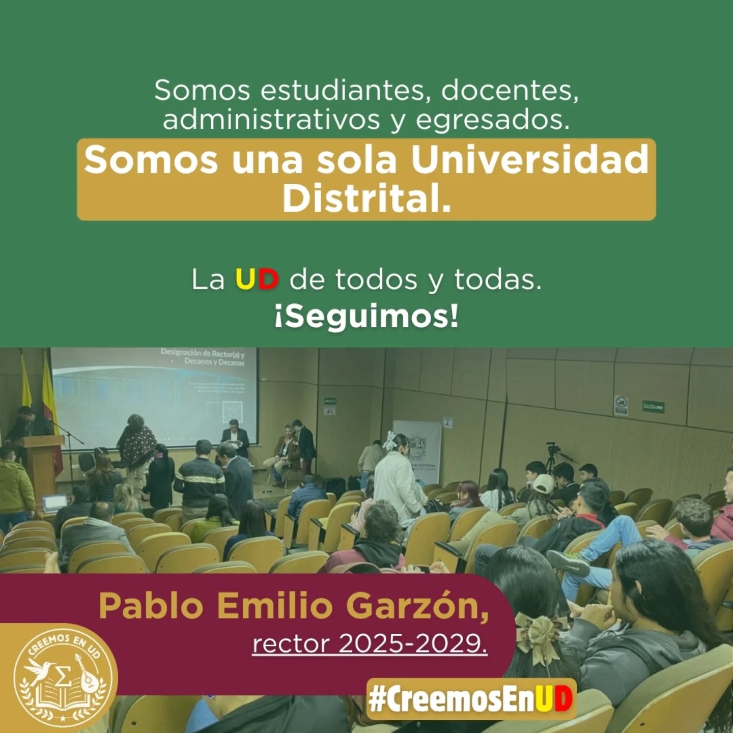Nuestra Universidad Distrital ha crecido y se ha fortalecido gracias a la lucha de la comunidad educativa. Invitamos a seguir construyendo el destino de nuestra UD en equipo, escuchándonos en nuestra mayor riqueza: la diversidad.
Somos #CreemosEnUD, construyamos juntas y juntos la UD de todos y todas. Seguimos con Pablo Emilio Garzón, rector 2025-2029.
www.pabloegarzon.com
