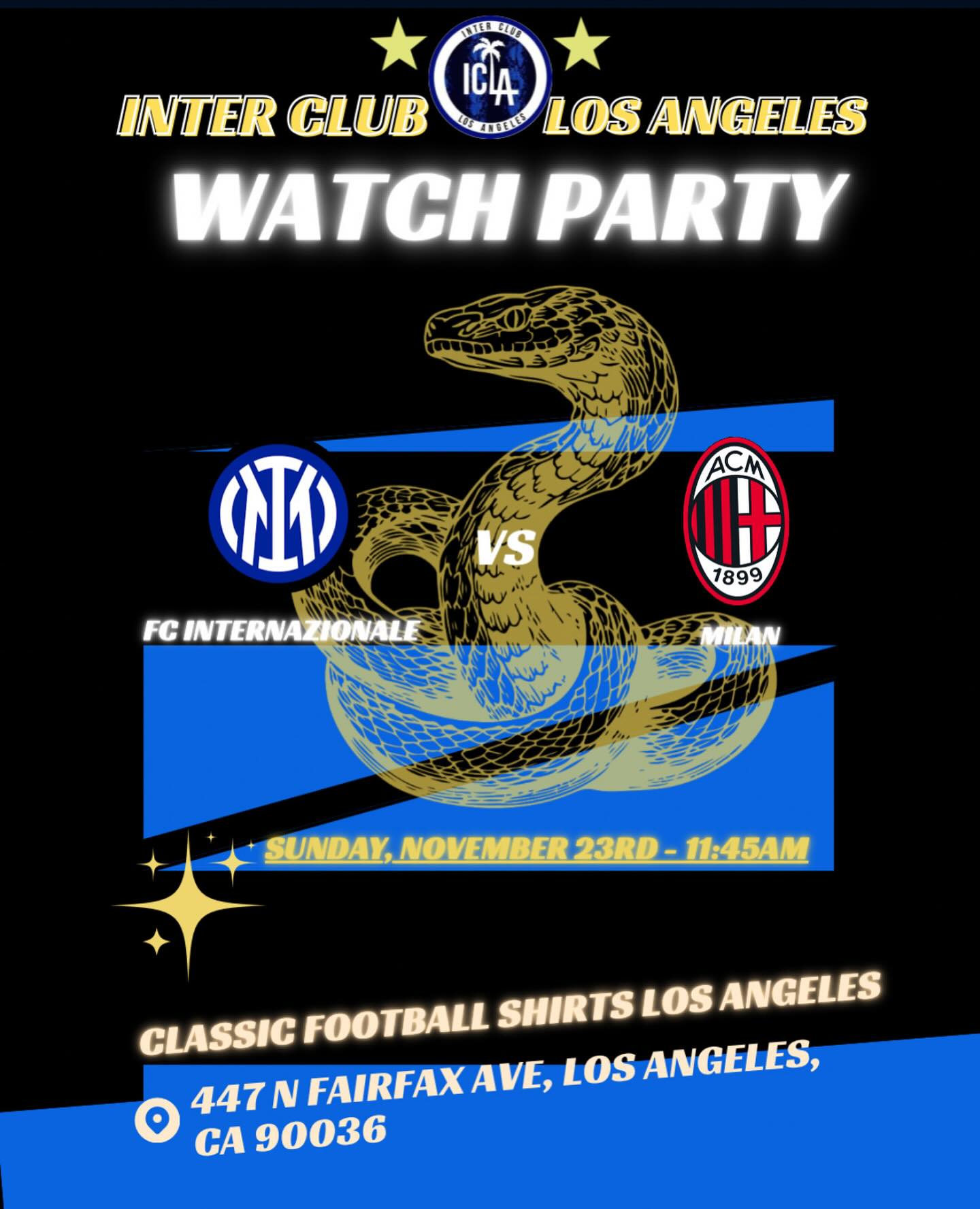 Good afternoon Interisti!
The derby della Madonnina is upon us!
FC Internazionale - Milan
Sunday, November 23rd - 11:45am
Will be hosted at Classic Football Shirts Los Angeles:
447 N Fairfax Ave, Los Angeles, CA 90036
AVANTI INTER ⚫️🔵
#inter #interclublosangeles #fcinternazionalemilano #fcinternazionale #curvanordmilano #intermilanfc n #fcinter #inter #intermilan #cuoreneroazzurro🖤💙 #fcim