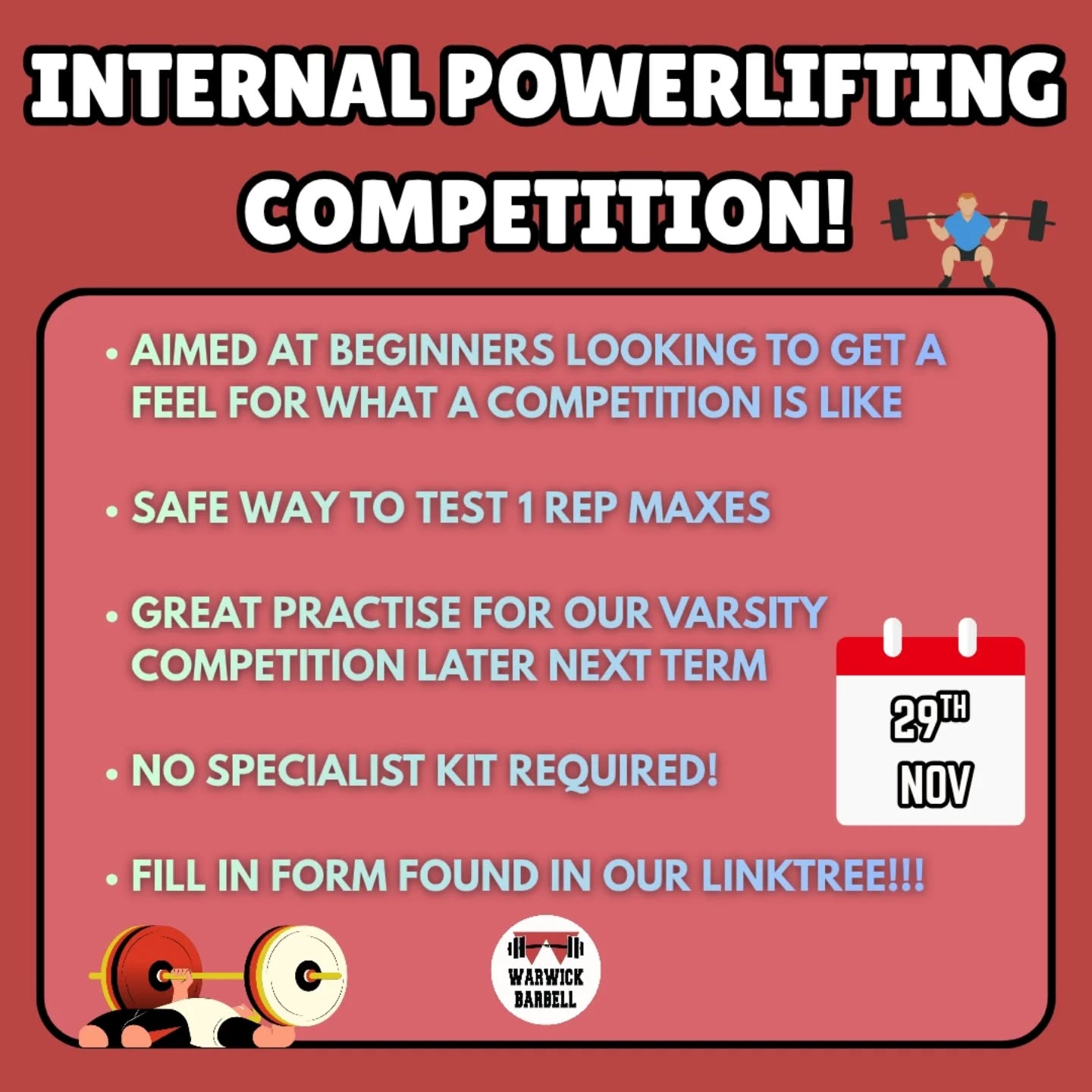 💪INTERNAL POWERLIFTING COMPETITION💪
Here's the announcement for our annual internal powerlifting competition! This is a very chill, internally run powerlifting competition which is primarily aimed at beginners who are looking to get a taste of what a powerlifting competition is like while being able to test their maxes in a safe environment.
If you are wanting to compete in our Varsity competition later on next term but don't have any previous competition experience then we highly recommend that you take part in this!
To sign up, please fill in the form found in our linktree in our bio, and if you'd like to be involved without competing then please fill in the volunteer form.
If you have any questions then please reach out to us here or directly to our Powerlifting captain Dhyana :)