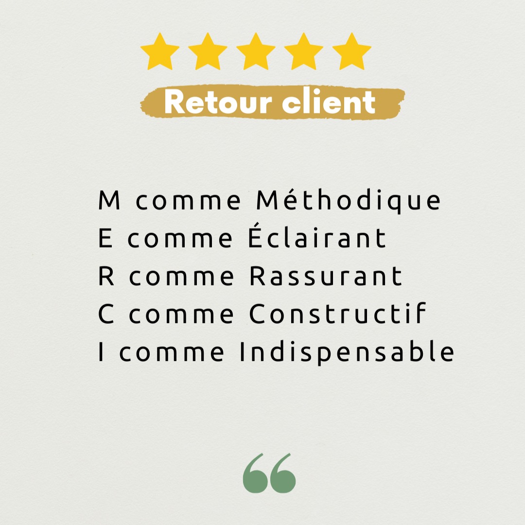 Quand la reconnaissance prend la forme d'un acrostiche.. j'adore. 😅
Il n'y a pas de meilleure récompense pour un.e coach.e que de savoir que l'accompagnement a été ressenti comme méthodique, éclairant, rassurant, constructif, et indispensable. 🎁
Je suis particulièrement touchée par l'acrostiche sous forme de "MERCI" d'Angeline et par le rappel que l'entrepreneuriat ne se fait pas seul. 🚀
Le succès d'une entreprise passe par la capacité à savoir s'entourer au bon moment.
C'est précisément l'essence de mon rôle : être cette bonne personne au moment où la clarté et le soutien sont nécessaire au développement de votre activité. ✨
À mon tour de remercier Angeline pour sa confiance et pour ce retour qui me porte ! 🙏
Et si vous aussi, vous voulez passer à l'action avec clarté et que vous recherchez un accompagnement hybride autour de 3 axes clés :
✅ Du coaching pour les aspects individuels que vous avez du mal à dépasser
✅ Du conseil sur les points opérationnels de votre business
✅ De la structuration pour mettre en place des actions concrètes
Alors, faisons ce premier pas ensemble. 🥾
#AccompagnementPro #DéveloppementEntreprise #TémoignageClient #premierpas #jefaismonpremierpas #lorouxbottereau #vignoblenantais #coachingdirigeante #coachingentrepreneur #coaching44 #merci #vallet #vertou #nantes