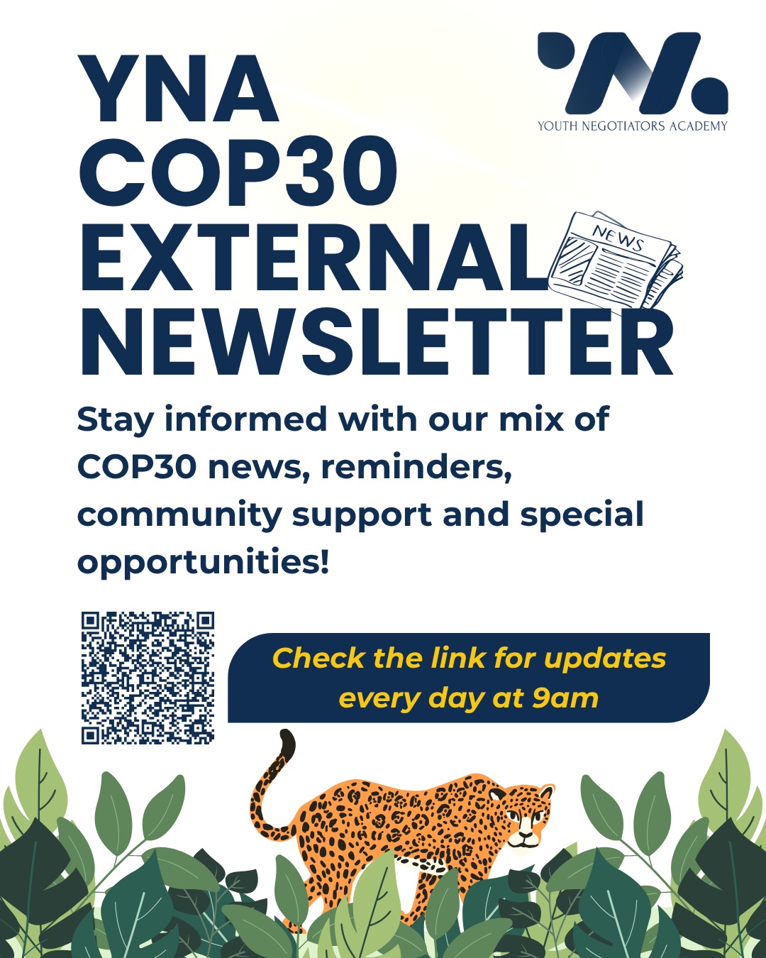 Want to stay connected on the ground at COP30?
Check out our daily newsletter with information on what the YNA team and young negotiator community is up to, along with resources, media updates, opportunities and more! 💡🗞
The link will be updated everyday at 9am BRT, you can check the QR code or find the link in our bio 🔗
If you're here at COP30, please do reach out and let's work together! 💙
#COP30 #COP30Brazil #YoungNegotiators #YNA #NewsFromCOP30 #newsletter #youngleaders