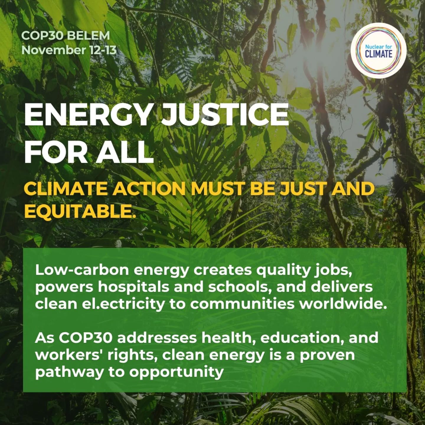 🌍 We can’t have climate justice without energy justice — and we can’t have energy justice without reliable, clean power. 🌱
Nuclear for Climate is at COP30, making sure nuclear energy is recognized as essential to equitable climate action — powering communities, creating jobs, and delivering on the promise of a just transition.
#NuclearForClimate #Energyjustice #Climatejustice #Cleanenergy #NetZero #Justtransition #COP30 #Sustainablefuture #Climateaction #Energyforall #Decarbonize #Innovationforclimate #Greenfuture #poweringtomorrow