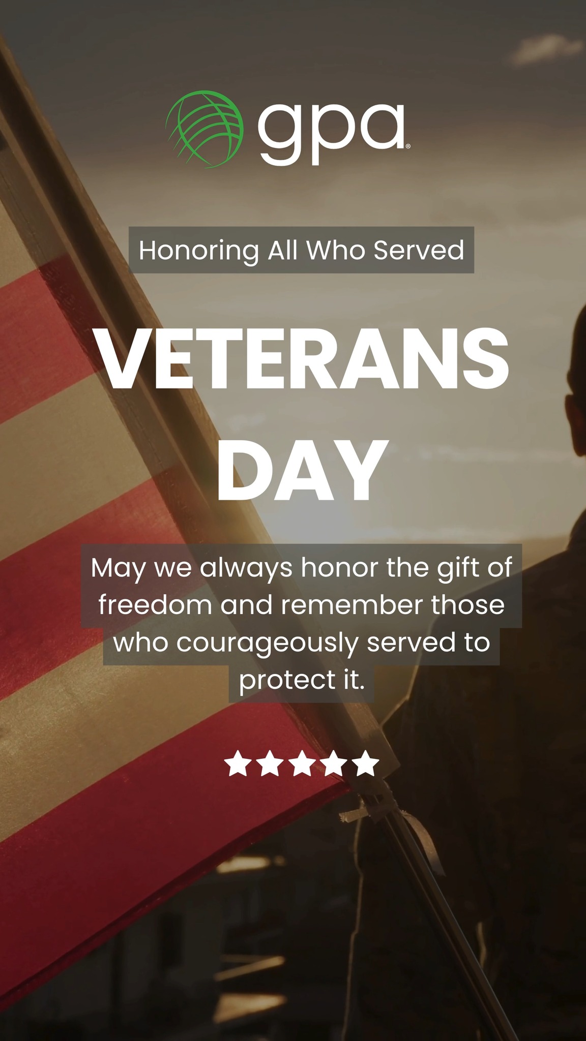 This Veterans Day we honor the courage and sacrifice of all who have served our country.
GPA is proud to employ veterans from the United States Air Force, Navy, Marine Corps and Army—representing more than 45 years of combined service.
Their leadership and integrity reflect the values that drive our mission.
⭐ We work with purpose.
⭐ We serve others.
⭐ We strive for excellence in everything we do.
We are grateful for their service and the example they set each day within our organization and beyond.
#VeteransDay #TeamGPA #Leadership #Service #Integrity #Excellence