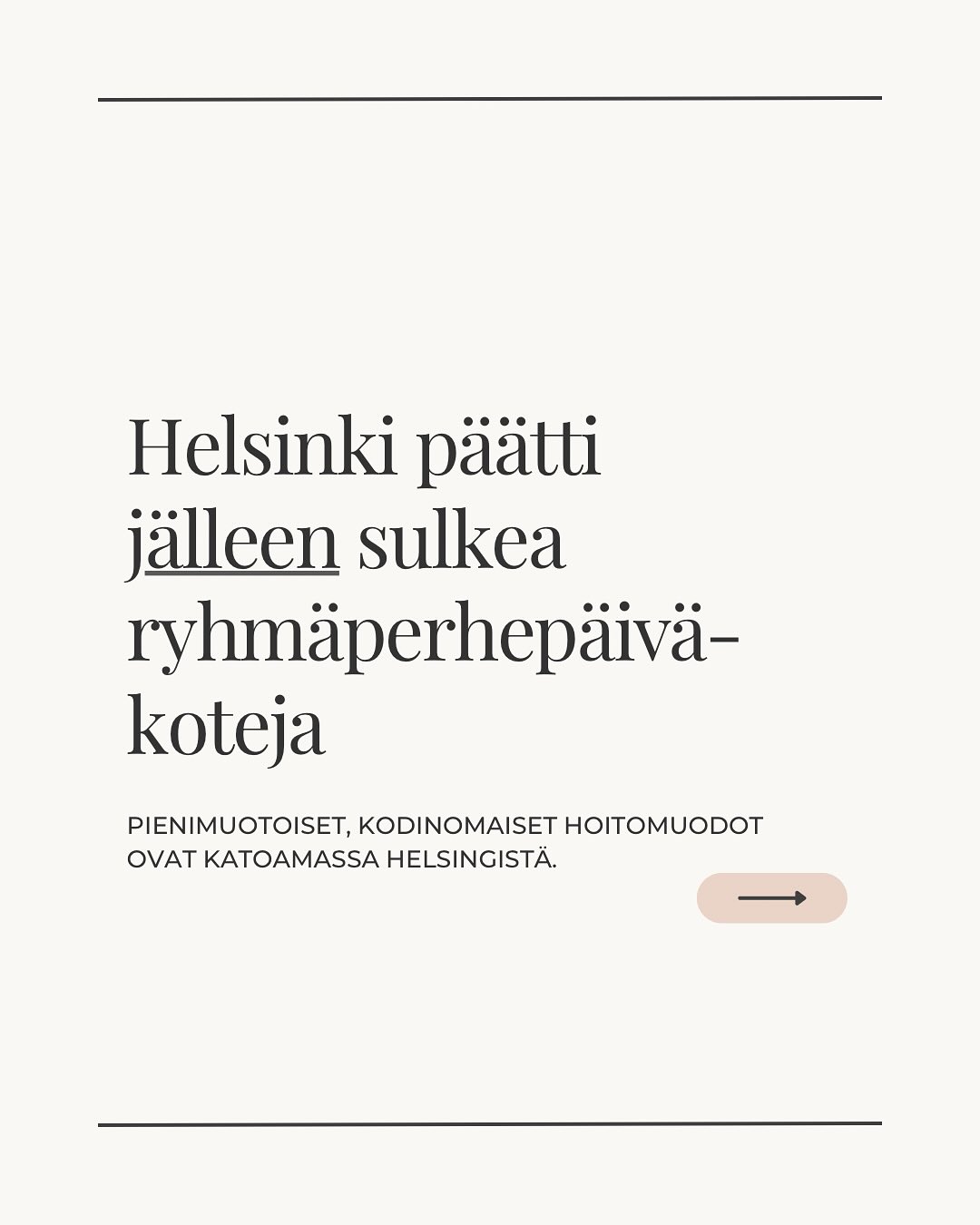🤯 Helsinki päätti jälleen sulkea ryhmäperhepäiväkoteja
Helsingin kasvatuksen ja koulutuksen lautakunta päätti lakkauttaa ryhmäperhepäiväkoti Allin ja Osterin Lauttasaaresta.
Päätöksellään kaupunki jatkaa linjaa, jossa pienimuotoisia ja kodinomaisia lastenhoidon vaihtoehtoja kavennetaan Helsingissä.
On surullista, että vielä ennen kuntavaaleja moni poliitikko puolusti ryhmäperhepäiväkoteja – nyt tukea tuli vain @samifrankmuttilainen , @sandra_hagman_ ja @teijamakkonenfi. 💚 Kiitos teille linjakkuudesta!
👶 Hoitopaikan merkitys on suuri. Nämä päiväkodit ovat tarjonneet lapsille ja perheille tärkeän, kodinomaisen arjen ympäristön. Monille pienempi yksikkö ei ole vain vaihtoehto, vaan edellytys sille, että lapsi voi hyvin ja perhe saa tarvitsemansa tuen.
🏡 Kaikille ei sovi sama malli. Helsingissä tulisi ymmärtää, että lapsiperheiden tarpeet ovat erilaisia – osa lapsista viihtyy suurissa päiväkodeissa, osa tarvitsee rauhallisemman ja henkilökohtaisemman ympäristön. Kaupungin palveluiden pitäisi rakentua tästä lähtökohdasta, ei yhden mallin varaan.
🤔 Perheitä on kuunneltava oikeasti. Nyt lautakunnan päätöksessä luvataan selvittää perheiden kokemuksia jälkikäteen – vasta sen jälkeen, kun ovet on jo suljettu. Kuuleminen ei voi olla muodollisuus, joka tapahtuu vasta päätösten jälkeen.
🔍 Palveluiden muotoilua tarvitaan – ei niiden purkamista.
Sen sijaan, että lakkautetaan toimivia yksiköitä, kaupungin tulisi etsiä ratkaisuja:
• uusia tilaratkaisuja ja yhteistyömalleja,
• tapoja edistää pienten yksiköiden elinvoimaa,
• ja ennen kaikkea päätöksentekoa, joka perustuu perheiden moninaisiin tarpeisiin.
⸻
🙏 Kehoitus kaupungille ja päättäjille:
Kuunnelkaa lapsiperheitä, työntekijöitä ja lähiyhteisöä ennen kuin palveluita lopetetaan.
Kehittäkää, älkää purkako. Helsinki tarvitsee monipuolisia ja joustavia lastenhoidon vaihtoehtoja – ei yhdenmukaistamista, joka heikentää perheiden palveluita.
⸻
📣 Oletko samaa mieltä? Jaa tämä postaus, tägää päättäjiä ja pidä keskustelua yllä:
Haluammeko todella kaupungin, jossa lapsiperheiden vaihtoehdot vähenevät vuosi vuodelta?
#Helsinki #varhaiskasvatus #Lauttasaari #ryhmäperhepäiväkoti