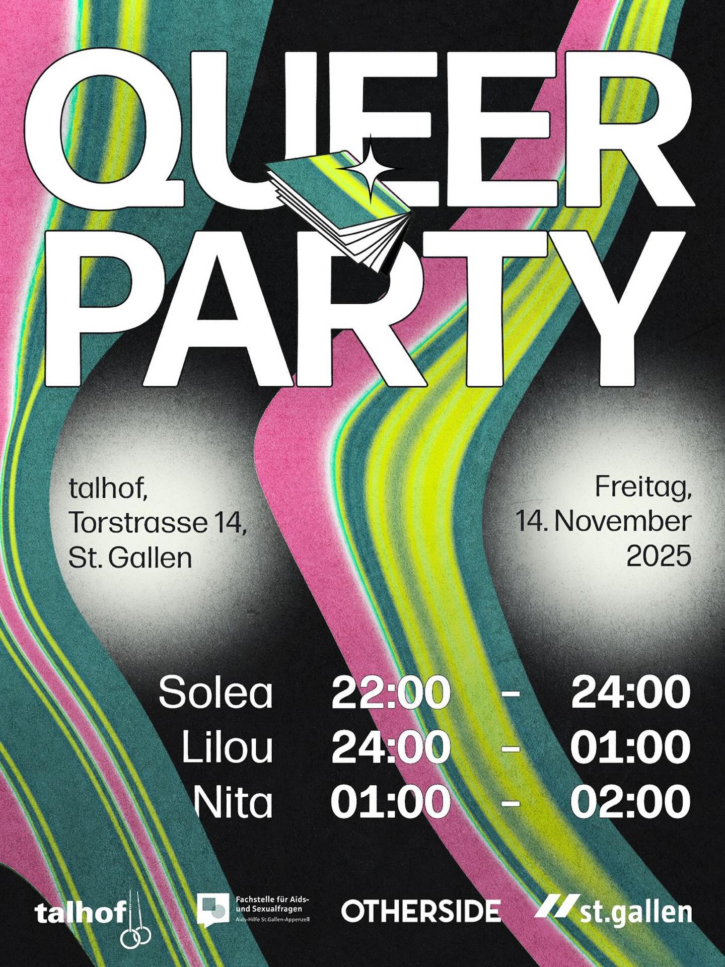 hey queers, nach der living library wird getanzt🪩✨
Line-Up
22:00-24:00: @solea.music
24:00-01:00: @li_louu.u
01:00-02:00: @nit.a.black
Eintritt: 5.-
Awareness talhof:
Im talhof sind alle, die sich an die Hausregeln halten, willkommen.
Im talhof wird ein rücksichtsvoller Umgang gelebt und alle Menschen sowie das Material werden respektvoll behandelt.
Im talhof wird keine Gewalt geduldet. Ubergriffe (mental, verbal, körperlich) und Diskriminierung (Sexismus, Rassismus, Homofeindlichkeit, Ableismus, Klassismus, Transfeindlichkeit) werden nicht toleriert.
Im talhof gilt: Nur Ja heisst Ja!
Alles andere bedeuten NEIN.
Im talhof hat das Wohlbefinden aller Menschen stets Priorität. Dazu tragen alle Besuchenden bei - Auch Beobachten, Melden oder Intervenieren kann helfen.
Wenn du dich unwohl fühlst oder eine heikle Situation beobachtet hast, melde dich beim Team vom talhof (Bar, Kasse).
mir freued üs uf eu❤️🌈