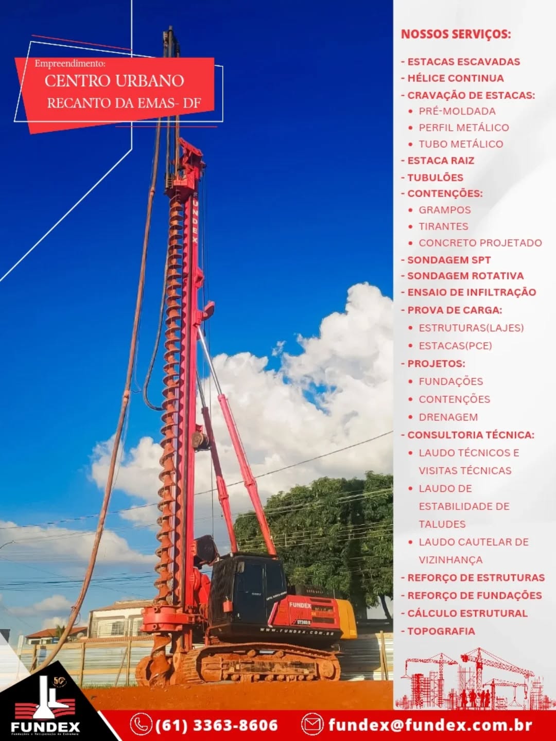 🚧 Fundex em ação no Empreendimento Centro Urbano – Recanto das Emas/DF!
Com mais de 50 anos de excelência em engenharia de fundações, seguimos entregando obras seguras, eficientes e com a qualidade que é marca registrada da Fundex.
Na imagem, destacamos nosso trabalho com Hélice Contínua, uma das soluções mais modernas e confiáveis do mercado, garantindo alta performance e precisão na execução.
Oferecemos uma linha completa de serviços:
🔸 Estacas escavadas
🔸 Hélice contínua
🔸 Cravação de estacas (pré-moldada, metálica e tubo metálico)
🔸 Estaca raiz e tubulões
🔸 Contenções e concreto projetado
🔸 Sondagens SPT e rotativa
🔸 Provas de carga
🔸 Laudos técnicos e consultoria
🔸 Reforço de estruturas e fundações
… e muito mais!
➡️ Qualidade, segurança e tecnologia para garantir a melhor solução em fundações.
Entre em contato: (61) 3363-8606
📧 fundex@fundex.com.br
🌐 fundex.com.br
