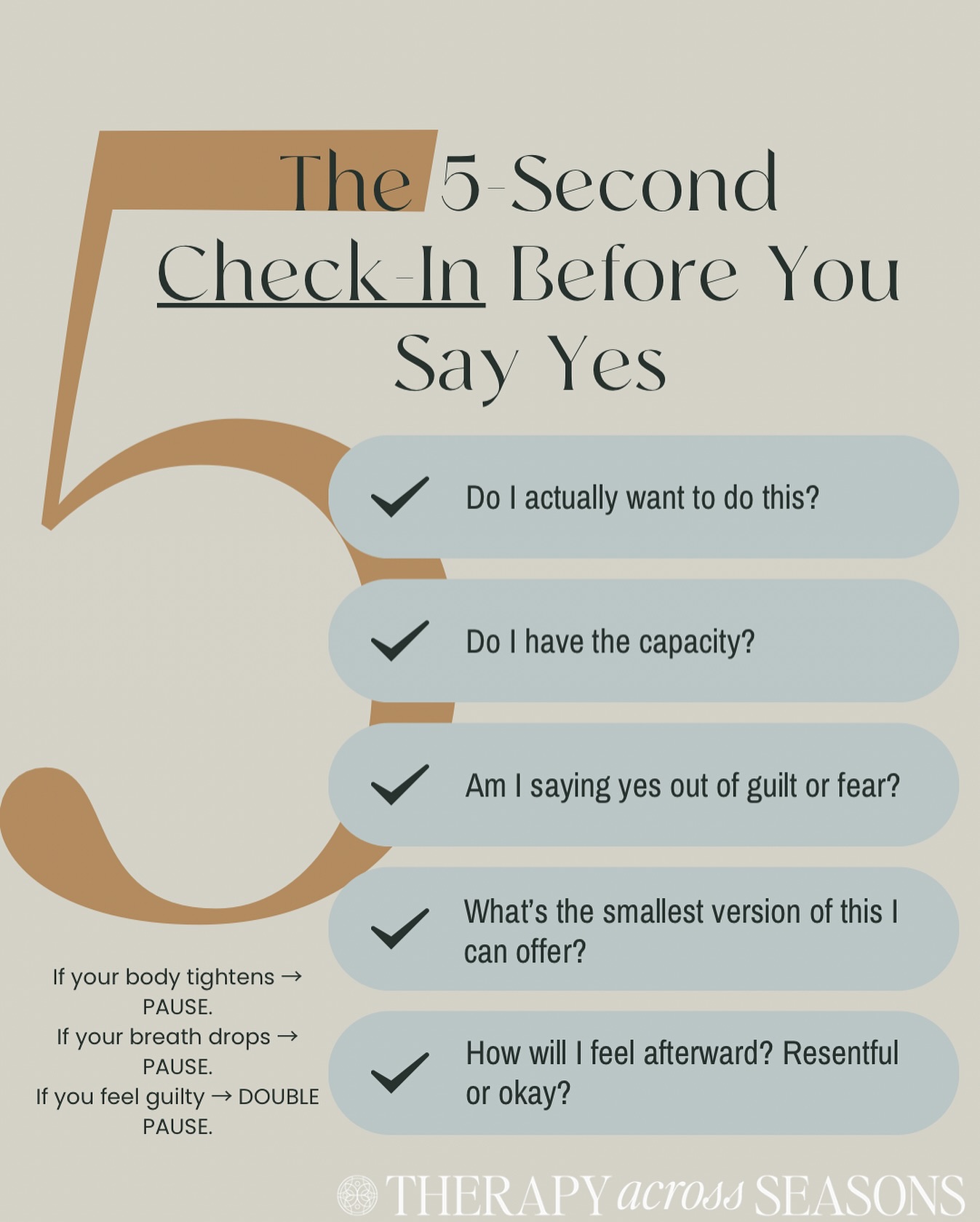 Screenshot this and use it the next time someone asks for “a quick favour” you don’t have the capacity for.
Boundaries aren’t about becoming harder.
They’re about becoming more honest with yourself.
✨ Full blog is live: Why You Struggle to Say No (Even When You Want To)
___________________________________________
✉️Currently accepting new clients across Ontario.
👩🏻💻Email to book a Free 15-minute Consult
🫶🏼Website in Bio
____________________________________________
Instagram 📵 therapy
#CulturallyAwareTherapy #WOCHealing #RelationalHealing #LearnToSayNo #therapyacrossseasons