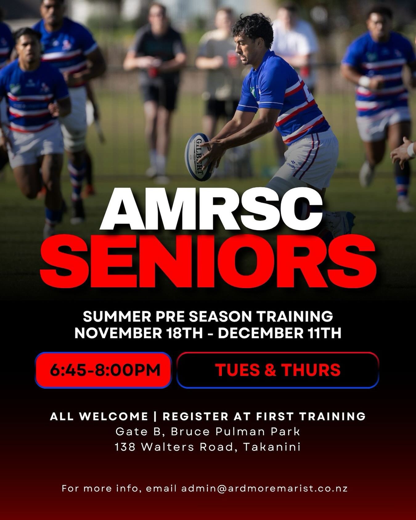 SENIOR PRE-SEASON SUMMER TRAINING STARTS TOMORROW! 🔴⚪️🔵
AMRSC kick off senior pre-season tomorrow, 18th November, and we’re rolling right through to 11th December!
Join us every Tuesday & Thursday
⏰ 6:45pm – 8:00pm
📍 Gate B, 138 Walters Road, Takanini (Bruce Pullman Park)
Whether you’re returning for 2025 or keen to join the Ardmore Marist family, all players welcome.
Register using the link below or in our bio. We will also have registrations at trainings with managers/coaches.
https://forms.gle/RNtNuJnSVrcX6qyK9
Bring your boots, bring your mates, and let’s set the tone for a massive season ahead! 🏉☀️
#ArdmoreMarist #PreSeason #SummerTraining #rugby2026