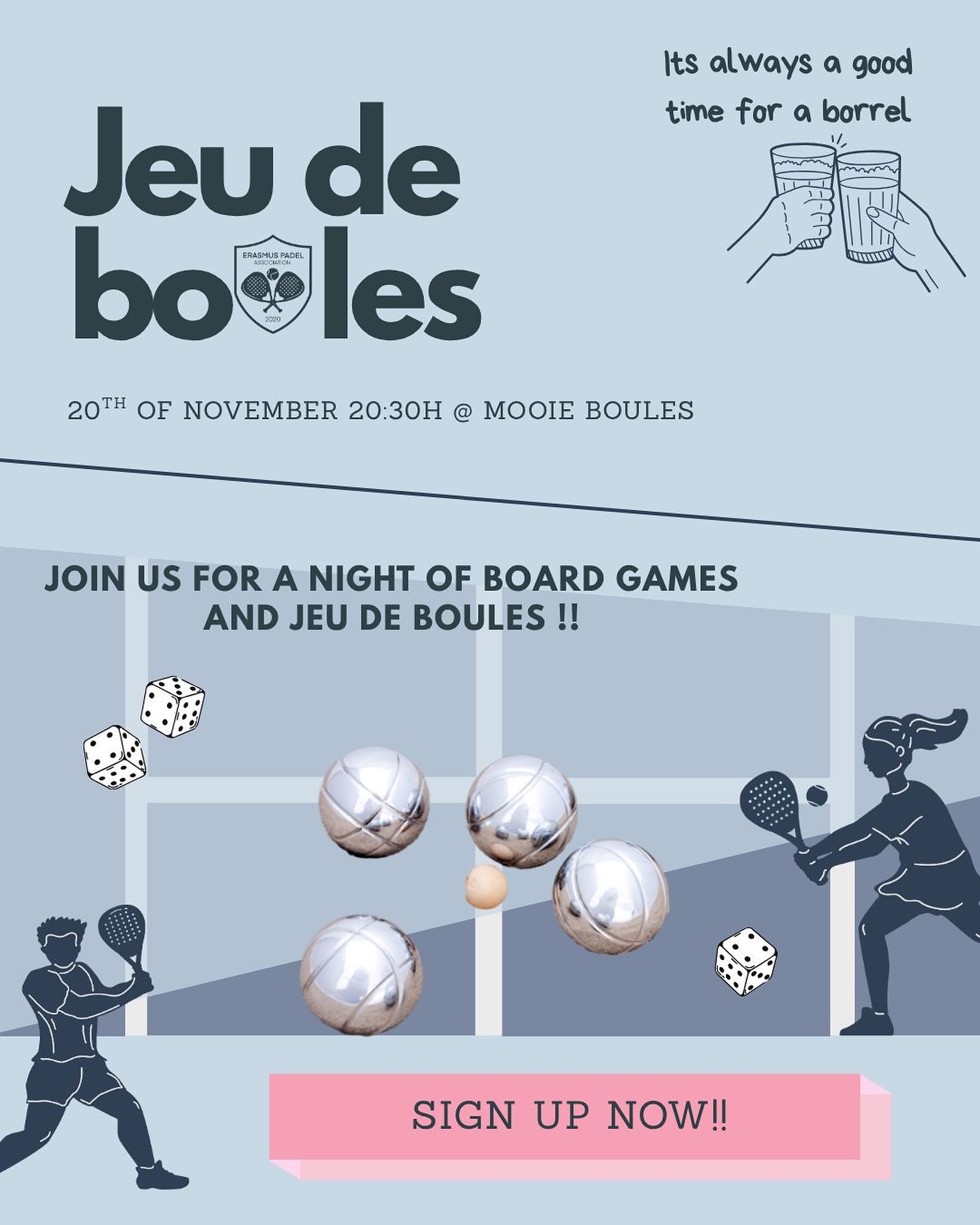 ๐ชฉJeu de Boules Tournament ๐ชฉ
Get ready for a fun and relaxed night out!๐
The Board of One Week (Timo, Niki, Elke, Joep and Auke) are organizing a Jeu de Boules tournament at Mooie Boules on the 20th of November!
If you want to compete for prizes, enjoy drinks and have fun, sign up at the link in our group chat!