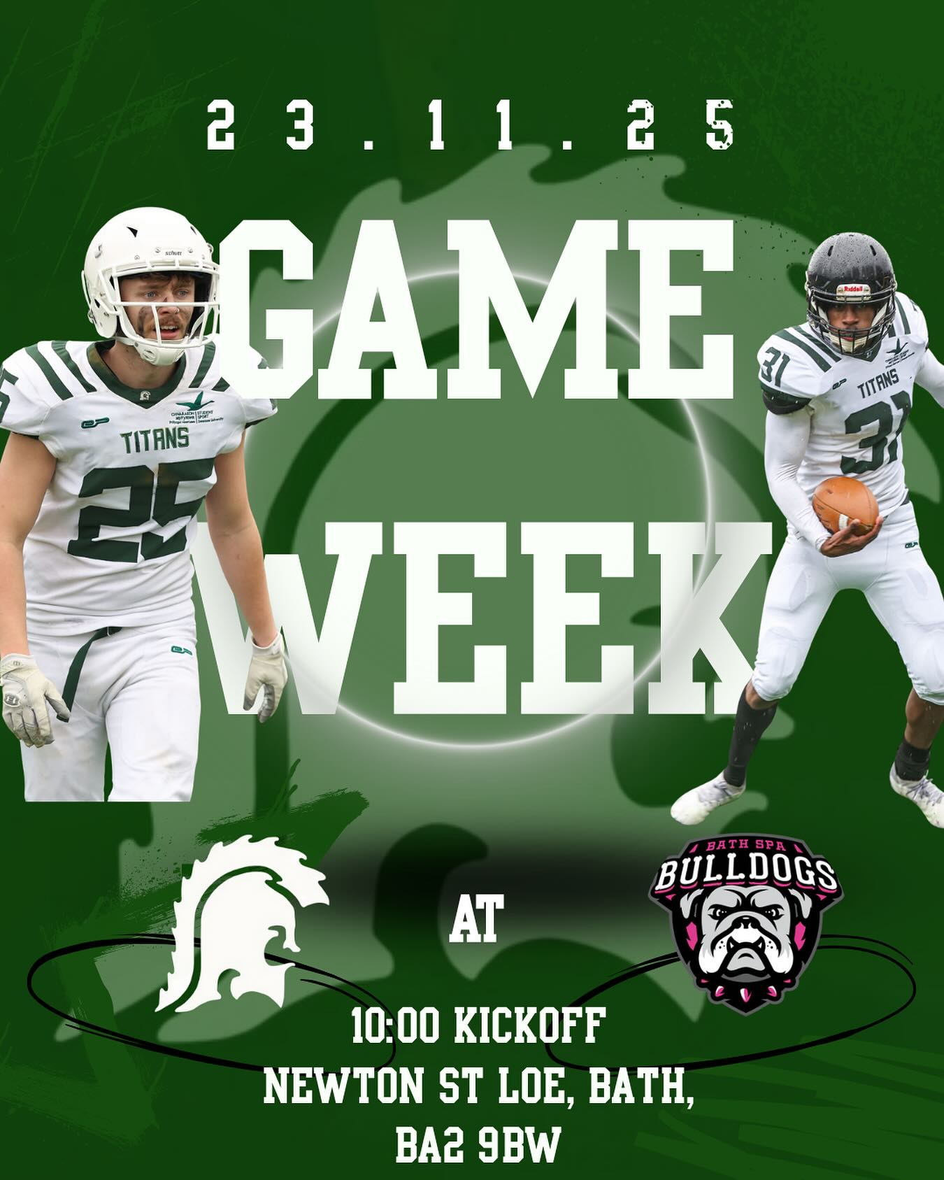 📣GAME WEEK📣
It’s game week! We are looking forward to meeting the @bathspa_bulldogs this Sunday and hope to put on a good game! Come down and show your support! Uppa swans 🤍💚
@cattle_and_co
@coyoteuglyswansea
#gameweek #americanfootball #swanseatitans #swanseauniversity