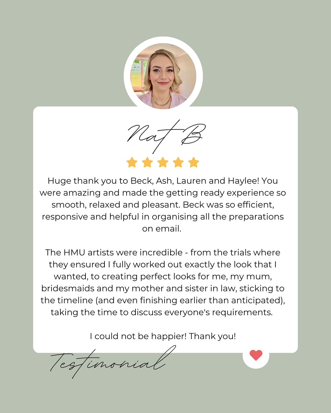 Thank you so much Nat!
Reviews like this mean the world. Here at Bridal Glow Co we’re passionate about providing you the best possible service from start to finish! From first contact, getting back to emails quickly to make the planning easy and stress free to the hair and/or makeup itself to vibes on the day, it’s a down to earth luxury bridal beauty experience 💕
Creating timeless, glowing bridal beauty across the Southern Highlands, South Coast and Sydney.
Our professional hair and makeup artists specialise in natural, modern looks that photograph beautifully and last all day.
✨ For brides who want to feel like themselves, just the most radiant version.
