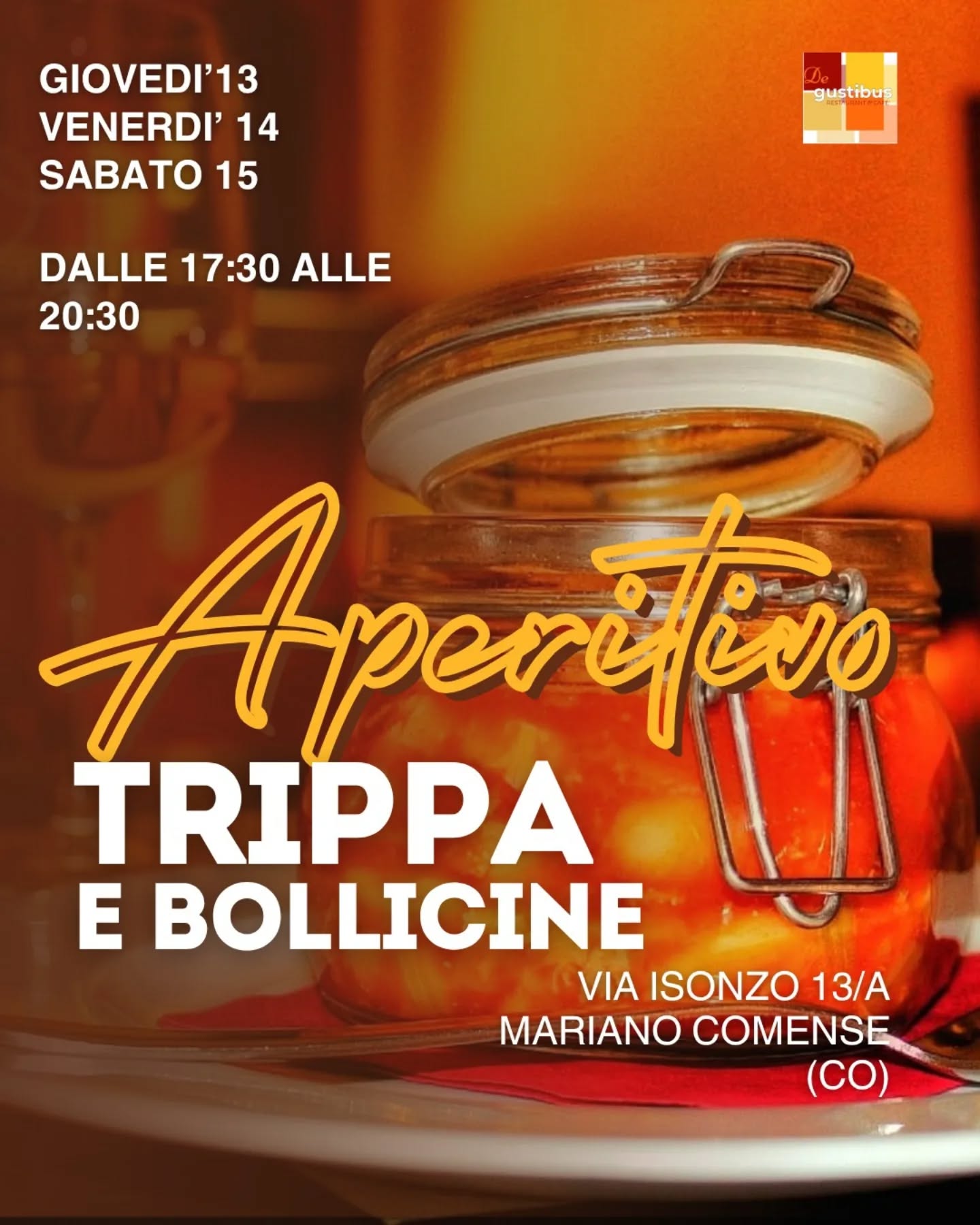 Nuova settimana, nuovo Aperitivo,
TRIPPA & BOLLICINE
🗓️ GIOVEDÌ 13, VENERDÌ 14 e SABATO 15
⏰ Dalle 17:30 alle 20:30
Scegli il tuo abbinamento preferito 👇
1️⃣ Aperitivo “2 T”
Trippa + 1 calice di Trento DOC — €12,00
2️⃣ Apery Prosecco
Panfocaccia farcito + 1 calice di Prosecco — €9,00
Prenota il tuo tavolo:
📞 031745687
Ti Aspettiamo!
📍 Degustibus, Via Isonzo 13/A, Mariano Comense (CO)
#degustibus #degustibuscafe #aperitivo
#trippa #prosecco
