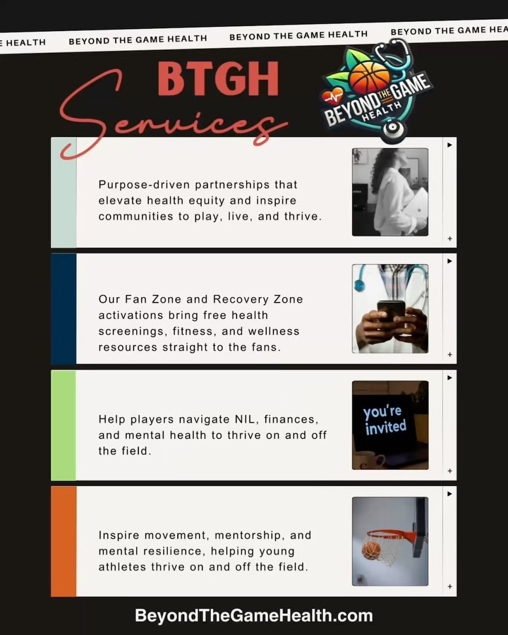 WEBSITE UPDATE! 💻
From athlete mentorship and community clinics to large-scale wellness activations, our team connects sports legends, brands, and fans to health equity, empowerment, and impact. Thriving beyond the game starts with showing up for our communities, on and off the field. 💪🏾
Visit us at BeyondTheGameHealth.com (link in bio) to explore our services and find out how you can be a part of our next event! Coming soon…👀
#BeyondTheGameHealth #Sports #Athletes #Health #Wellness #HealthEquity #AthleteImpact #WellnessForAll