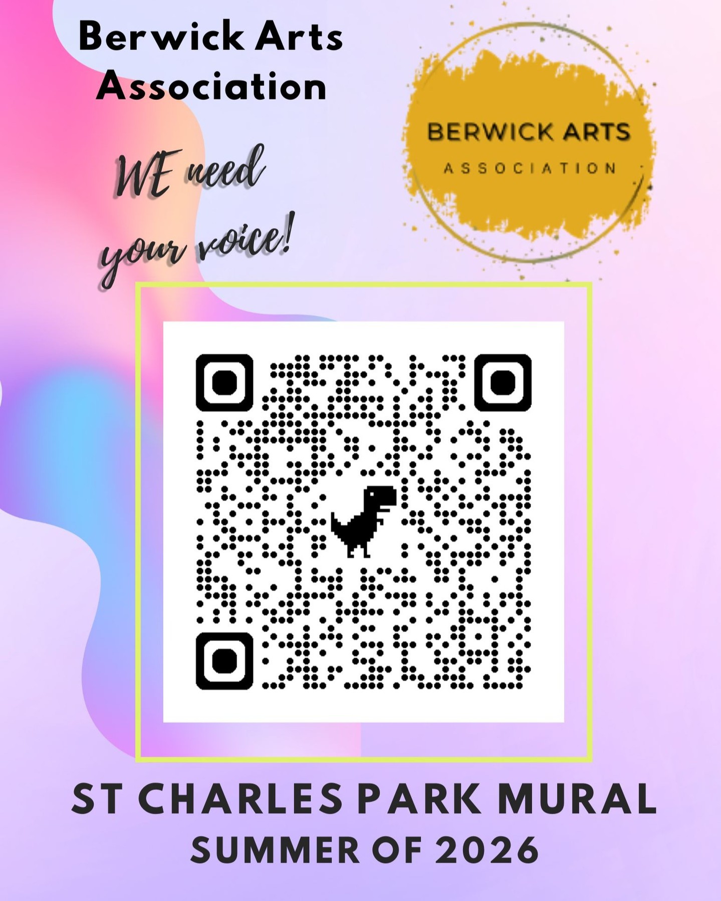 We would like your thoughts on what the past, present, and future of Berwick look like from your perspective. This is the theme for our large-scale mural that will be added in 2026 to the backdrop of St. Charles Park on the Nationwide Building. We want your thoughts and stories. Scan the QR code and answer 3 questions to help shape this mural design. Thanks for your time.