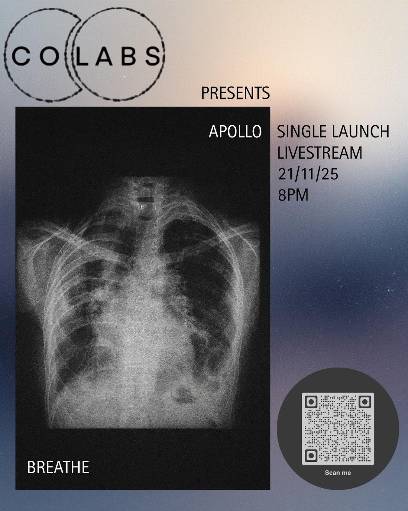 We are so thrilled to announce @apollo3.3 Breathe single launch happening this Friday at 8pm online everywhere in the world!
It is going to be a live stream of brilliant acts from the CoLabs community so make sure to pop it in your diary and tune in (the QR code will take you there) 🤍