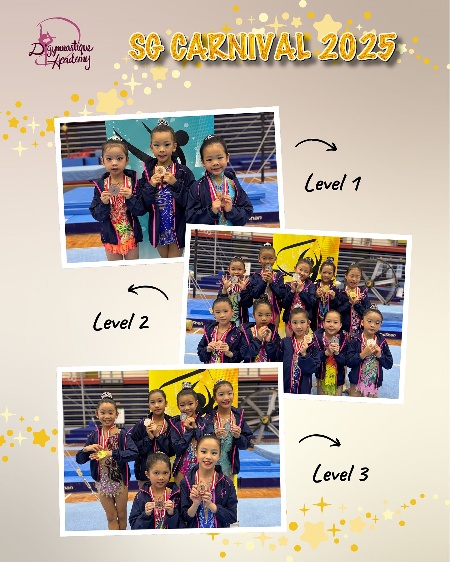 We are proud and elated to announce that our L1-L3 gymnasts took part and competed at SG Carnival 2025 hosted by @singaporegym last weekend and we cannot be more proud of their achievements!🌟
L1 FH
Bronze🥉- Arielle Wan, Ellery Tan & Noelle Lee
L2 FH
Gold🥇- Claire Li & Janine Leung
Silver🥈- Cameryn Lau, Deng Yuyan, Hao Yiran, Jenn Goh, Leia Yeo, & Zoey Goh
Bronze🥉- Arella Ng & Emma Sin
L3 FH
Gold🥇- Siobhan Lee
Silver🥈- Caitlyn Chee, Jessie Lai, Leona Soon
Bronze🥉- Kathe Woo, Kirschle Ang & Renee Tan
Thank you very much dear coaches for your dedicated guidance and coaching! Their progress is a testament to your hard work and belief in them!💐