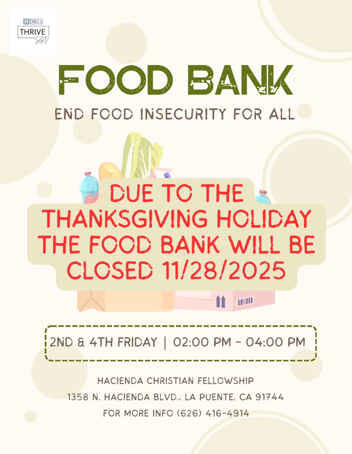 Please update your calendars that food bank will be canceled on Friday November 28th