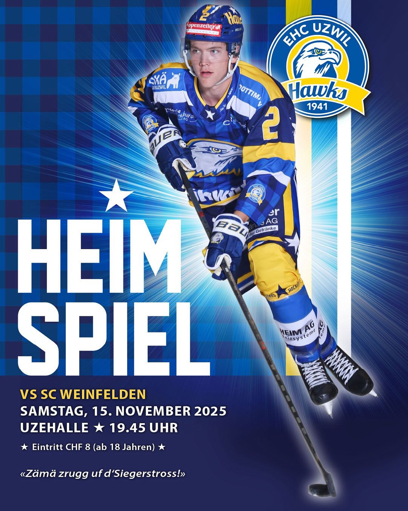 Nach einem spielfreien Wochenende sind wir zurück – am Samstag empfangen wir den SC Weinfelden in der heimischen Uzehalle. Beide Teams mussten sich zuletzt dem EHC Lenzerheide-Valbella geschlagen geben und haben somit etwas gutzumachen. Wir werden alles daransetzen, dass wir auf die Siegerstrasse zurückkehren und freuen uns, dabei wieder auf eure Unterstützung zählen zu dürfen. Hopp Uzwil!
#ehcuzwil #ehcuzwilhawks #swissicehockey #gameday