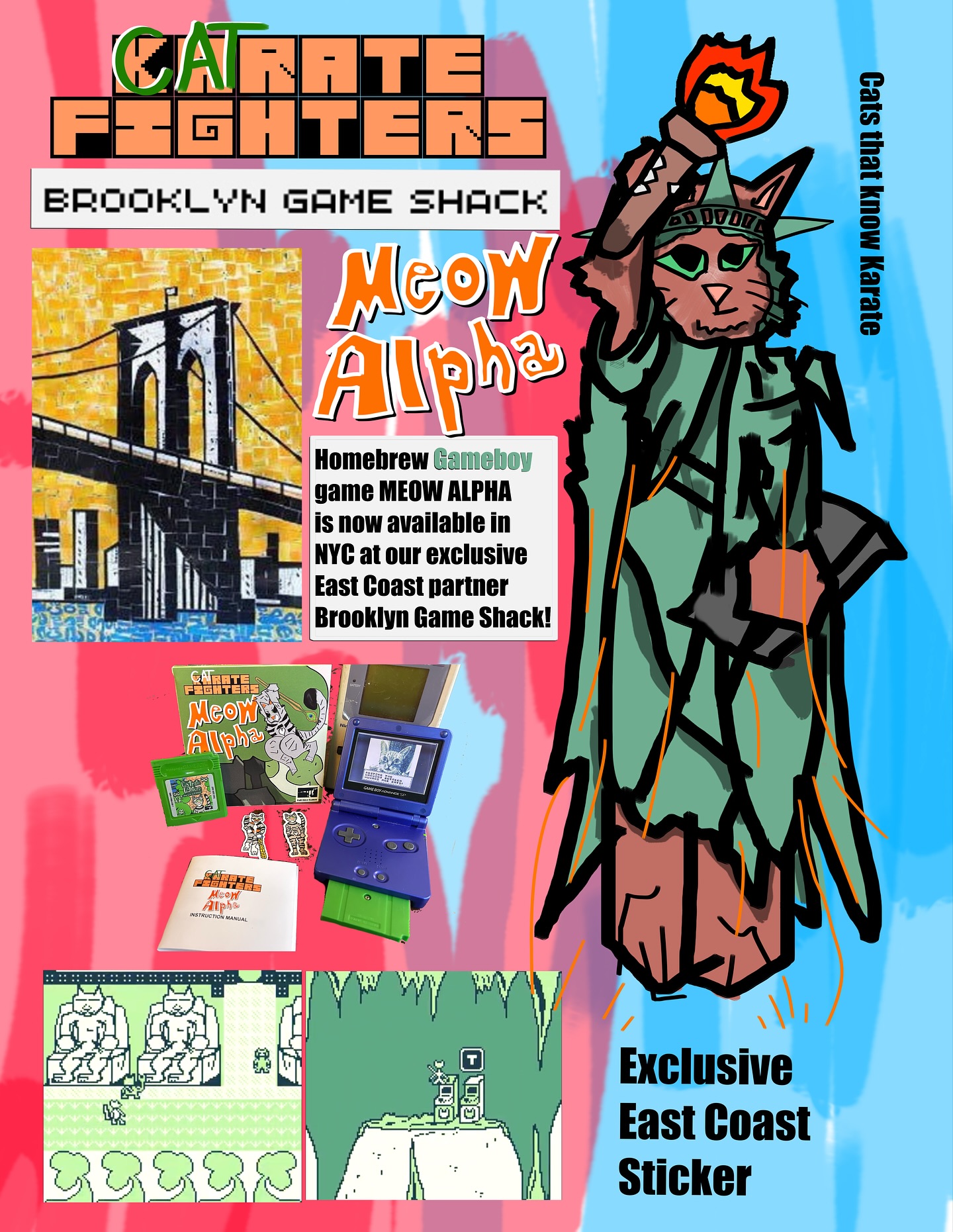 Homebrew Gameboy game MEOW ALPHA is now available in NYC at our exclusive East Coast partner Brooklyn Game Shack! 🗽😻🍎
Support real human art, head over to Brooklyn Game Shack and buy a handmade limited physical edition of Meow Alpha with exclusive 8-bit stickers, Clover Country green cartridge, handmade box & instruction manual and an exclusive east coast sticker! 😸☘️
—
Play as modern housecat Lana Leopard, the leader of the Catraté Fighters, cats who know karate. Project Meow Alpha has been unfurled by a mysterious enemy.
Traverse the top down overworld of Clover Country and adventure through sidescrolling levels such as Copter Cove and Clowder Cave to find the C-A-T key cards that unlock the mysterious toy factory on Tortoiseshell Beach.
This Gameboy game was made by one person using GB Studios. All assets created by Chris Bucca Taylor. @ZeitChrisT