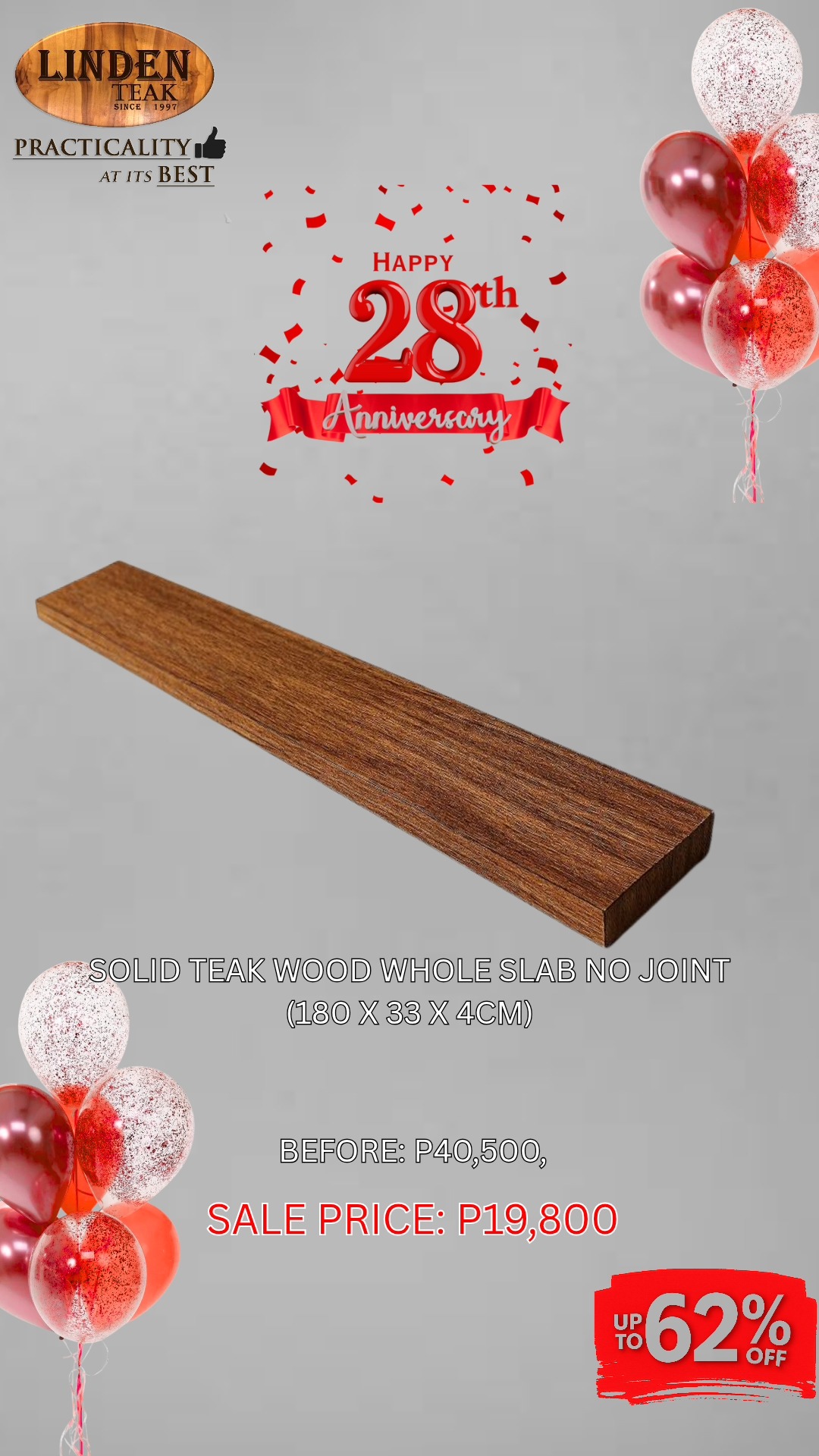 🎉 Celebrating Our 28th Anniversary!
This month only, enjoy up to 62% OFF on select construction products—our biggest savings of the year! Plus, get a free on-site ocular inspection and quotation.
We also offer free design consultations and 3D drawings for customized orders, along with free delivery in select areas.
Visit our stores to explore over 500 actual items on display, or browse online at www.lindenteakfurniture.com.