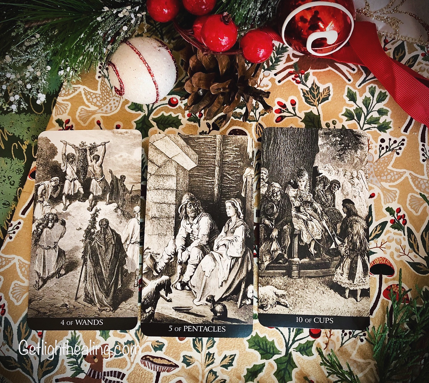 Guidance for December 14, 2025: “Peace on Earth and Goodwill towards Men”
This December calls for us to receive with gratitude the joy of the 4 of Wands. It’s a time to celebrate with friends, family, and those around us, opening ourselves to community and genuine connection. Recent times have been dark; a lightening of spirit would be welcomed. Perhaps you may receive a surprise encounter that generates a thrill or injects new energy in your life. Give yourself the freedom to take advantage of this time —to get caught up in the holiday spirit and enjoy the company of others. Truly appreciating the season with passion, excitement, and authentic happiness. You’ll get more out of it than you might realize. What we need to give is expressed as the 5 of Pentacles: The Gift of Charity. This is the season of thinking of others who go without or struggle to get by. Extend your care, attention, resources to those experiencing loss or hard times. Simply extending your time to those who are losing hope may be the saving grace they’re searching for. Again, I say, you may get more of it than you may realize. A lightbulb moment occurs; one of expanding clarity about what you find personally valuable, highlighted by the 10 of cups. A card of great satisfaction and fulfillment—one that broadens our sense of connection to all in our circle and awakens us to just how blessed and lucky we truly are. Contentment is sorely underrated. There’s nothing else we could want, but this moment, right now.
What I need to receive this month: 4 of Wands: Community
What I need to give this month: 5 of Pentacles: Charity
The illuminating result: 10 of Cups: Contentment
#tarot #doré #getlighthealing #tarotdecks #sagittarius♐️