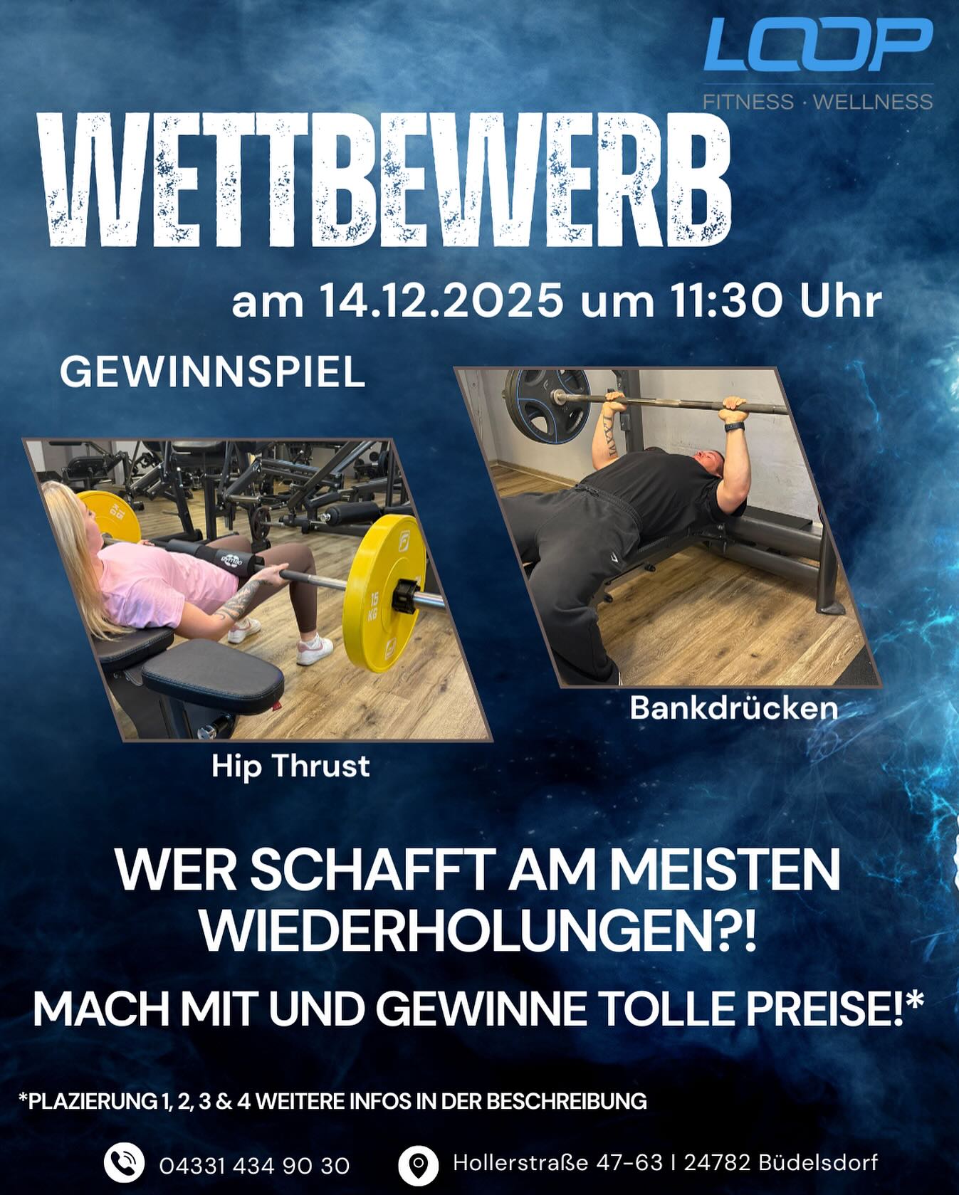 🔥 LOOP POWER CHALLENGE 2025 🔥
📅 14.12.2025 | 🕚 11:30 Uhr
Der große Jahreswettbewerb steht bevor – Zeit zu zeigen, was in dir steckt! 💪🔥
🔸 Disziplinen:
• Hip Thrust mit der Langhantel
• Bankdrücken mit der Langhantel
➡️ Das Gewicht entspricht dem eigenen Körpergewicht – fair, stark, ehrlich.
(60 kg Körpergewicht = 60 kg auf der Stange)
🎯 Ziel:
So viele saubere Wiederholungen wie möglich.
Kraft, Technik, Durchhaltevermögen – hier zählt alles.
🏆 Gewinne für die Sieger:innen:
✅ 2 Monate gratis Mitgliedschaft o.
✅ 60€ Verzehrguthaben
✅ Offizielle Urkunde
✅ Titel: „Best of LOOP – 2025“
Ob du mitmachst oder anfeuerst: Sei dabei und erlebe eine Atmosphäre voller Energie, Motivation und Teamgeist! 🔥
Anmeldung ab sofort am Tresen.
Wer holt sich den Titel dieses Jahr? 😉