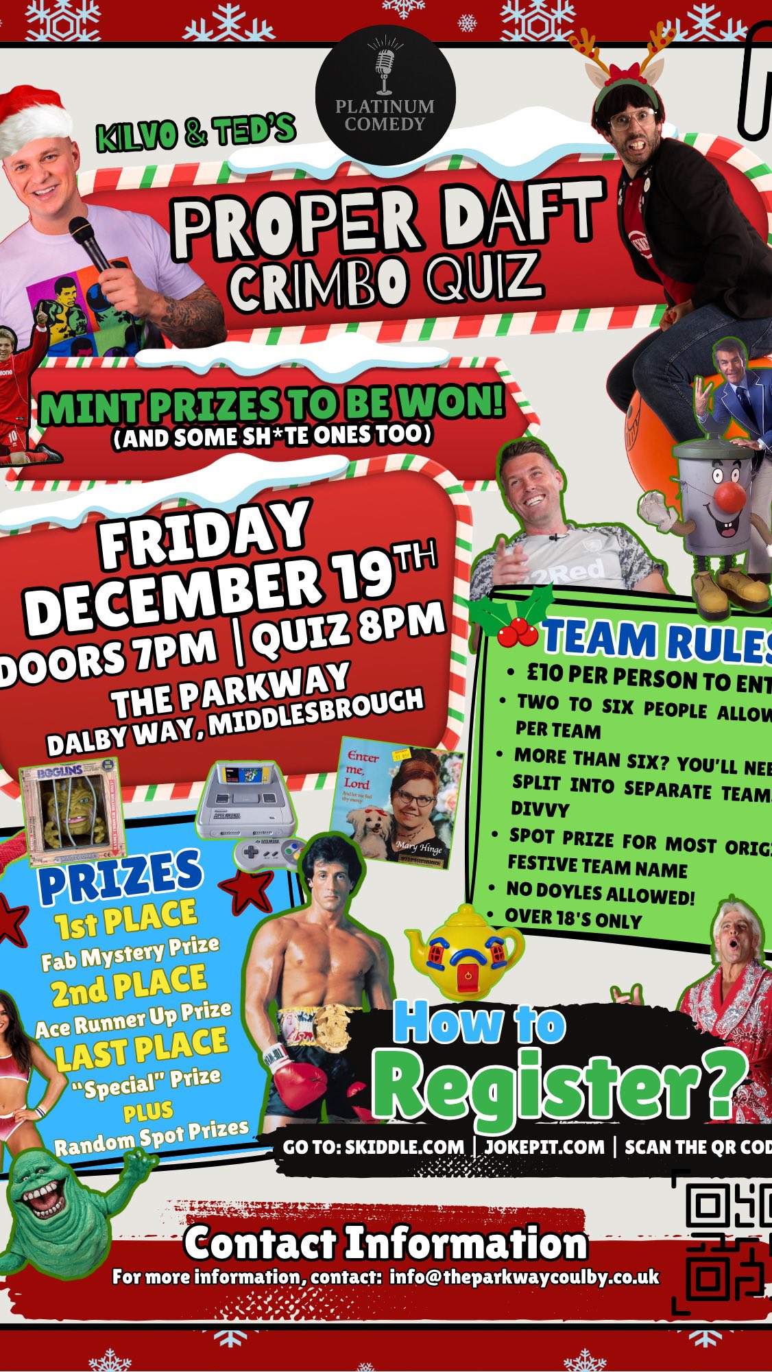 Friday December 19th at The Parkway Coulby Lounge, Sports & Functions myself and local comedy juggernaut James Kilvington Comedy are hosting KILVO & TED’S PROPER DAFT XMAS QUIZ!
Grab tickets and enter a team ASAP!
⚠️This will be chocka block like!
⛔️ No Doyles allowed!
Jokepit🎟️👉 https://www.jokepit.com/e/45900
Skiddle 🎟️👉 https://www.skiddle.com/whats-on/Middlesbrough/The-Parkway/Kilvo—Teds-Proper-Daft-Crimbo-Quiz/41432975/
#Quiz #comedy #Christmas #thingstodo #whatson #Boro #Middlesbrough #coulbynewham #Teesside