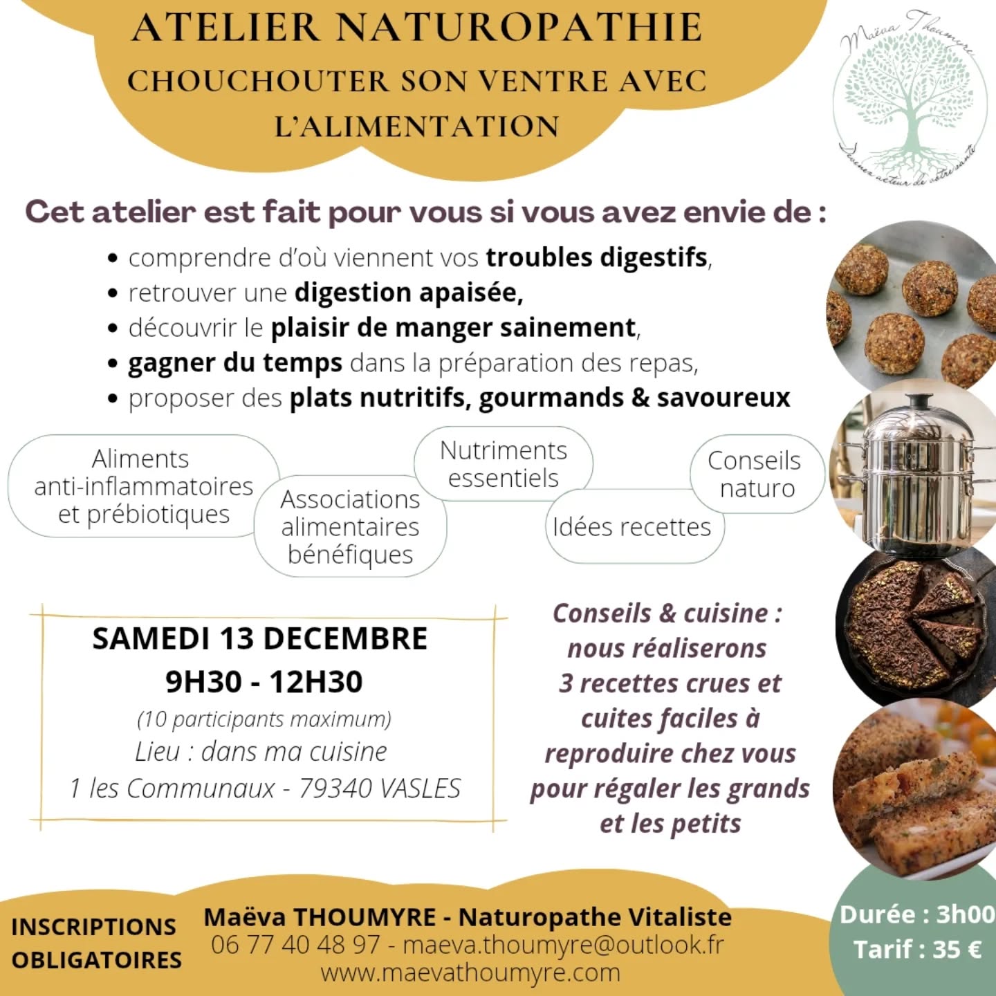 Dernier atelier de l'année et un de mes préférés 🤗
Je vous donne rendez-vous dans ma cuisine pour expérimenter des recettes anti-inflammatoires, saines & gourmandes😋
Nous partageons ce temps entre papotage, astuces, cuisine et vous repartirez chez vous avec des idées plein la tête et vos réalisations du jour.
➡️ Les places sont limitées et elles partent vite alors pensez à réserver là votre !
#naturopathie #artdevivre #techniquesnaturo #mieuxetre #santenaturelle #changezvoshabitudes #soindesoi #naturopathieauquotidien #respiration #nutrition #alimentationsaineetequilibré #alimentationsante #conseilssante #consultationnaturopathie #maevathoumyrenaturopathie #naturo #naturopathedeuxsevres #vasles #parthenay #deuxsevres #alimentationantiinflammatoire #nutrition #recettesnaturo #crusinesanté