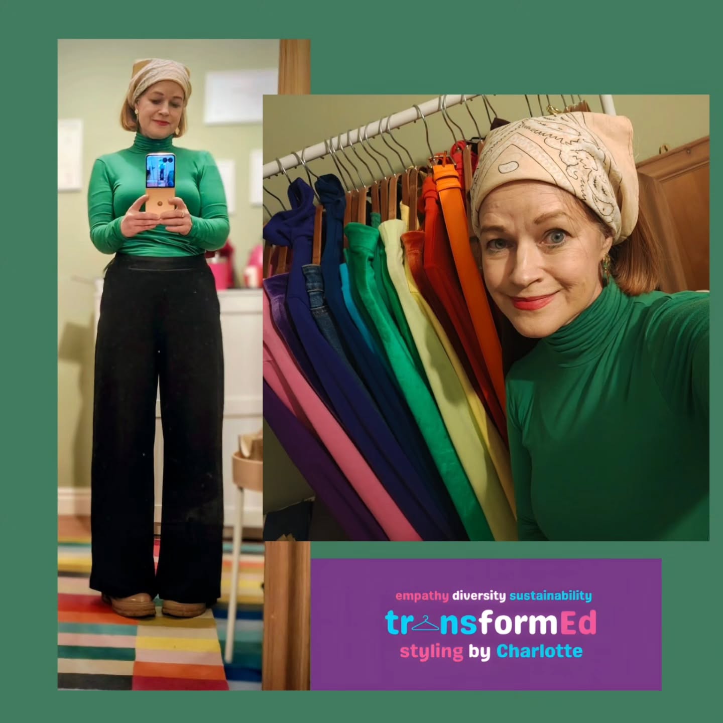 I've got two pairs of these trousers in different colours. I opted not to look like Christmas elf, by pairing my green top with the espresso-brown pair and not the red ones.
๐๐ค
Top and trousers @_kettlewell
Headscarf @oestlondon
Boots second hand
๐ค๐
Personal Styling Hull
Colour Analysis Hull
Sustainable Styling