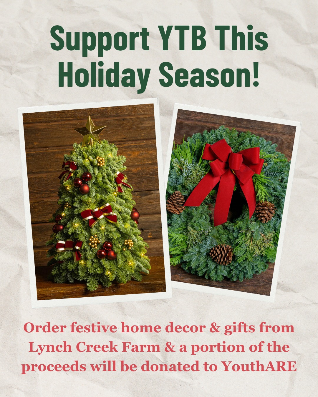 This season, your holiday shopping can spark global change.💫
Order your wreaths, trees, and festive decor from Lynch Creek Farm, and a portion of the proceeds will benefit YouthARE, empowering youth to connect, learn, and lead through community projects.
🎄 Every order supports a brighter future! https://lynchcreekfundraising.com/campaigns/551114