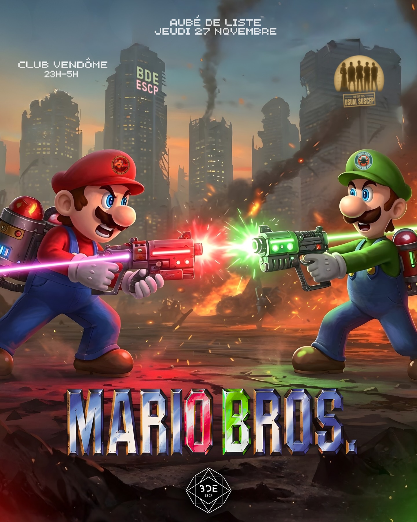 🔴MariO Bros🟢
1 hypnotiseur ? ouais ouais pas mal.
1 punching-ball ? ok j’avoue sympa.
Mais Manu n’est pas rassasié, et la promo non plus.
🏁Prépare-toi pour l’aubé le plus rentable de l’année, celui où les listeux vont s’affronter à coups d’open, de shots, de régalades et de surprises.
Buffet blindé, fours à plein régime, open P, clope, et plein d’autres dingueries ; t’auras de quoi carburer jusqu’à 5h.⚡️
T’en as rien à branler de la campagne BDE ?
Aucune excuse pour rester chez toi.
Deux frères en salopette se battront pour te régaler, dans une ambiance explosive, avec une promo prête à se foutre une caisse tous ensemble. 😵💫
Et pour les M1, c’est ta soirée post-partiels d’IFRS.
🏎️ Jeudi 27 novembre
👨🏻🔧 23h-5h
🍄 Club Vendôme
Et parce qu’une bonne nouvelle n’arrive jamais seule :
💥Nouveauté💥
Nous, les Usual Suscep, on introduit pour les boursiers cotisants un tarif spécial à 10€.
Parce que la fête, ça doit pas être un luxe.
Merci mon BDE.
🚨SHOT GUN mercredi à 13h (utilise bien ton adresse mail cotisante BDE pour accéder aux tarifs cotisants)