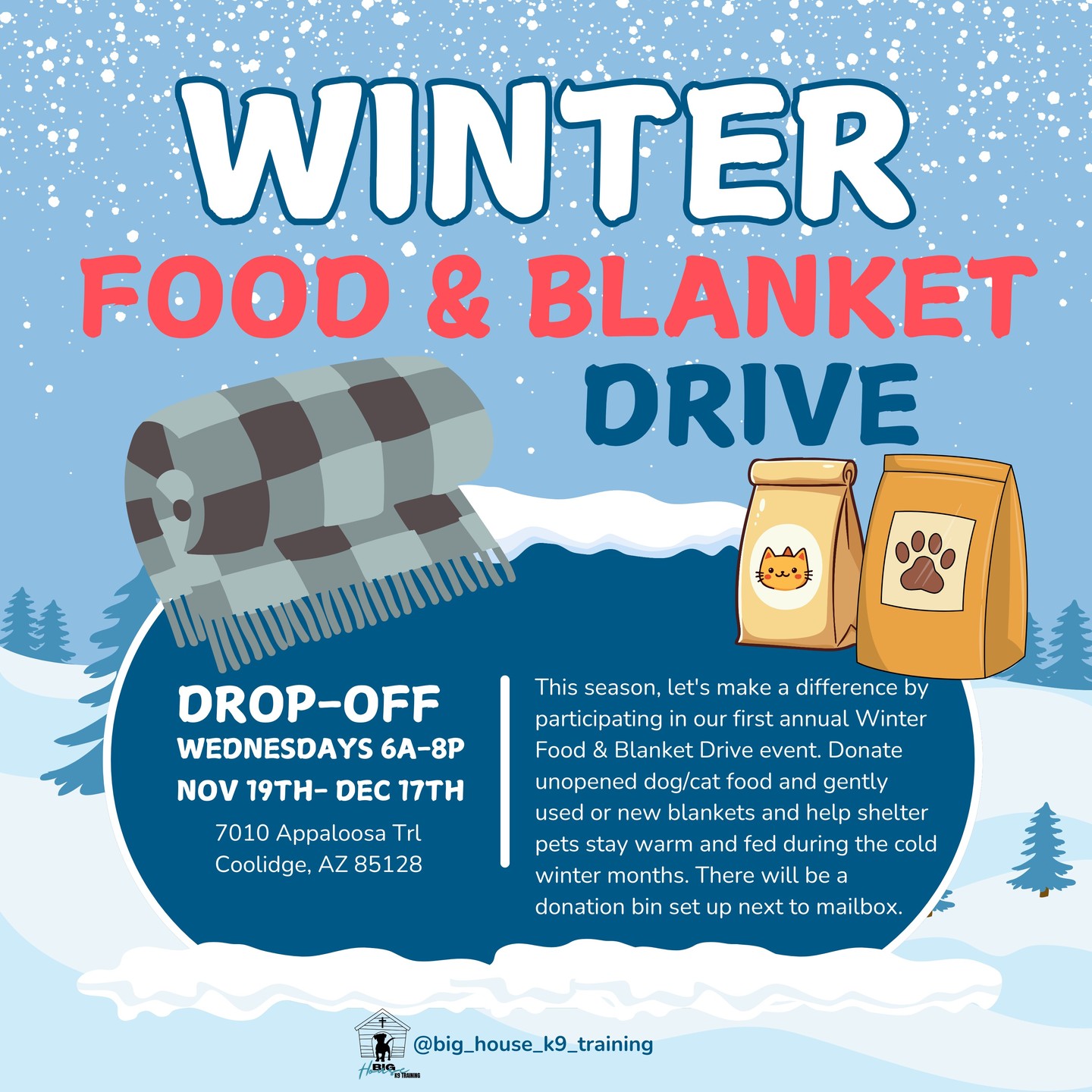 While our own pups are curled up on the couch, there are dogs and cats in our local shelter trying to stay warm on concrete floors with empty bowls and worn-out blankets. š
Pinal County Animal Shelter is packed right now. More surrenders, more strays⦠but not enough supplies to keep every animal cozy and full through the colder months. This is where our Big House K9 Training family can step in and make a real difference.
Weāre hosting a Winter Food & Blanket Drive to support Pinal County Animal Shelter, and weāre asking our community to rally with us.
How you can help:
𦓠Add an extra bag of unopened dog or cat food to your next grocery trip
š Clean out that linen closet and donate gently used or new blankets
Drop-Off Details:
š Big House K9 Training
7010 Appaloosa Trl, Coolidge, AZ 85128
š Wednesdays, 6ā8 PM | Nov 19th ā Dec 17th
š Donation bin will also be set up next to the mailbox for easy anytime drop-offs
You may not be able to adopt right now, but you can help a scared, shivering dog feel safe⦠or make sure a hungry kitten has a full tummy tonight.
If youāre local, weād be so grateful for your donations. If youāre not, a simple share helps this reach someone who can give.
Thank you for loving our communityās animals as much as we do. āļøš¾