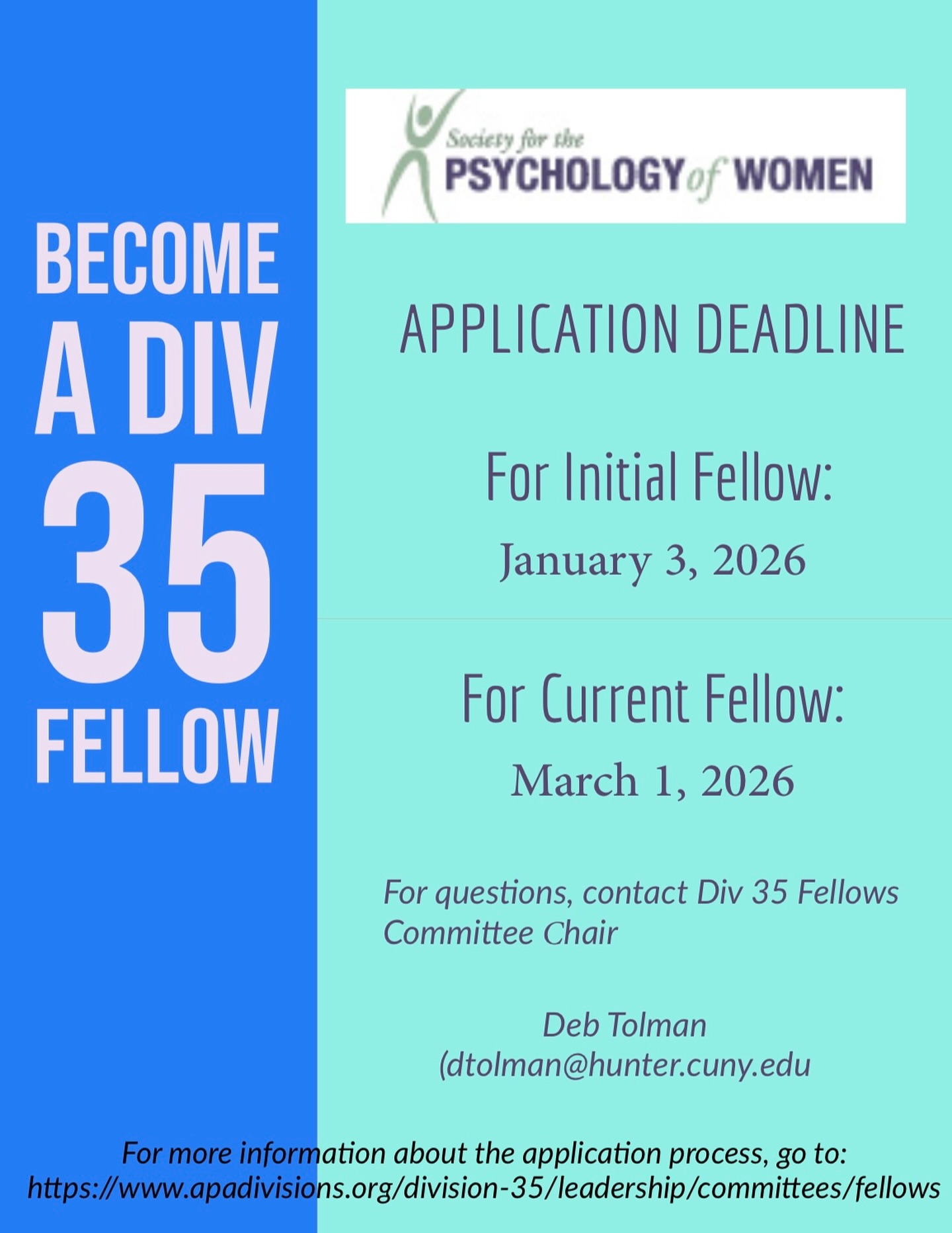 “Please consider applying for being a Division 35 Fellow! Deborah Tolman, our Fellows Chair, has made a beautiful flyer with information about dates and where to find information about the application process. Please consider submitting your application or nominating someone else and helping them with the process. There are so many talented people we have in the division and I know the Fellows Committee would love to see your applications!” -Division President, Erika Carr PhD
#psychologyfellowship #intersectionalfeminism #apadiv35 #psychology